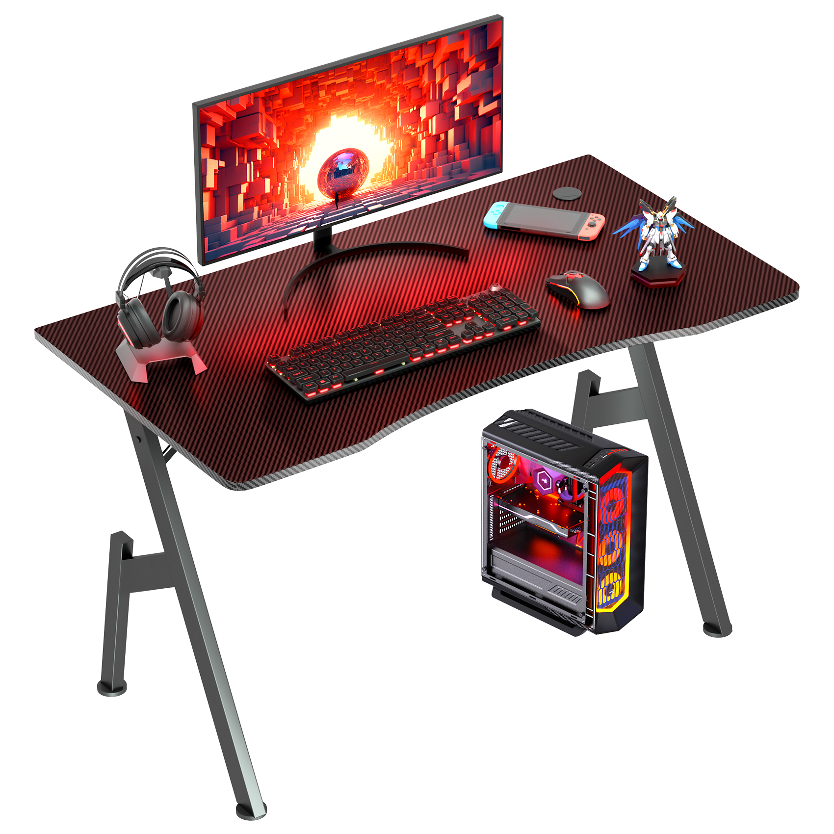 HLDIRECT 40 Inch Gaming Desk with Carbon Fibre Surface- A Shape Large Computer Desk Gaming Table Ergonomic Pc Gaming Workstation Home Office Desks