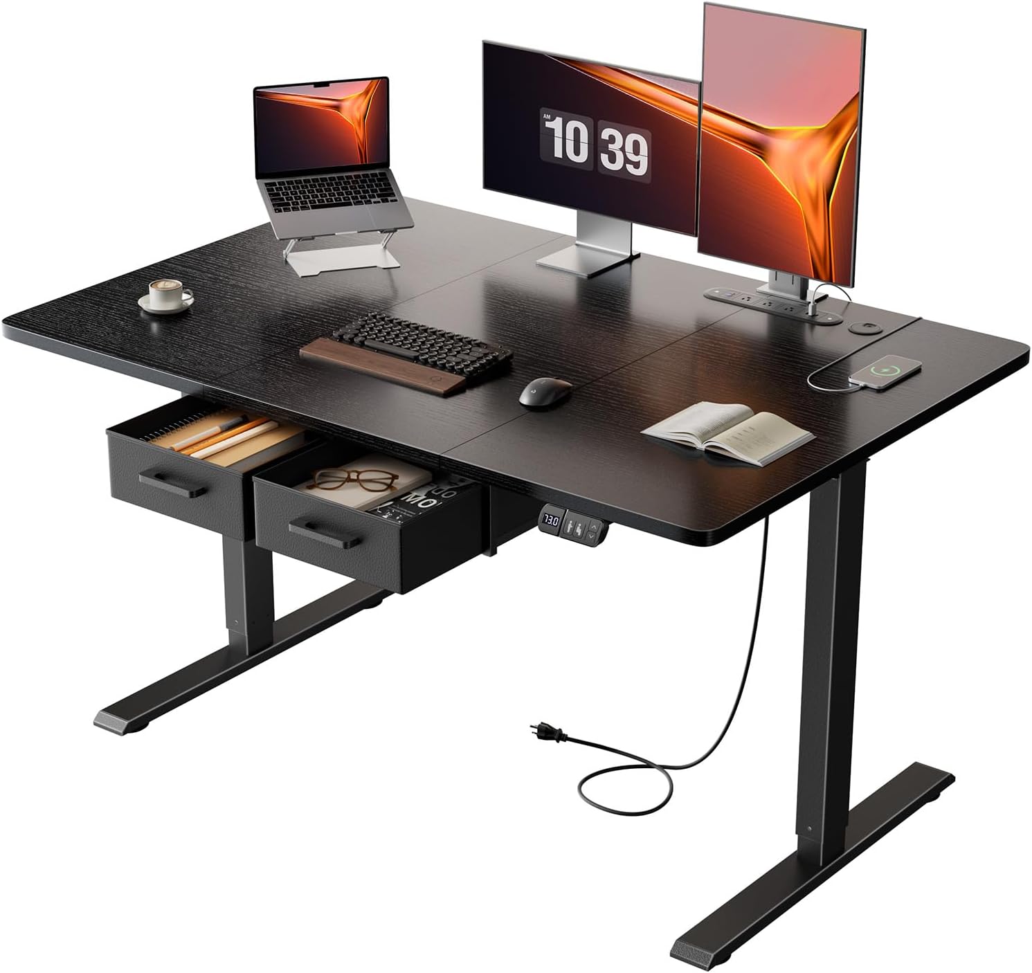 47×31.5 inches Electric Standing Desk with Drawers & Storage, Height Adjustable Desk with Power Outlets & USB Ports, Stand Up Desk, Sit Stand Desk for Home, Office
