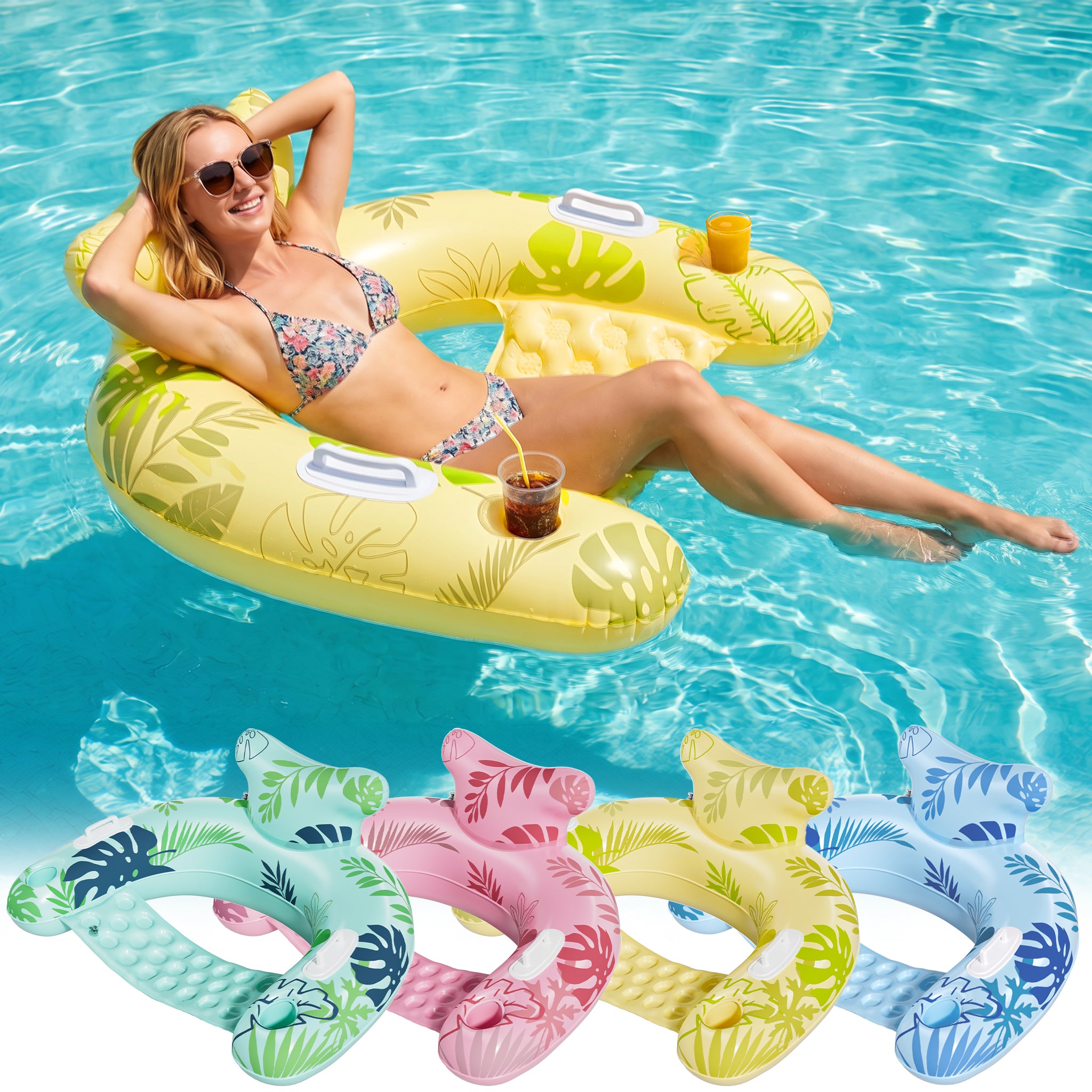 HLDIRECT Floating Pool Lounger with Cup Holders & Ergonomic Headrest | Inflatable Water Chair for Pool Parties, Lake, Ocean, with Handles for Easy Carry