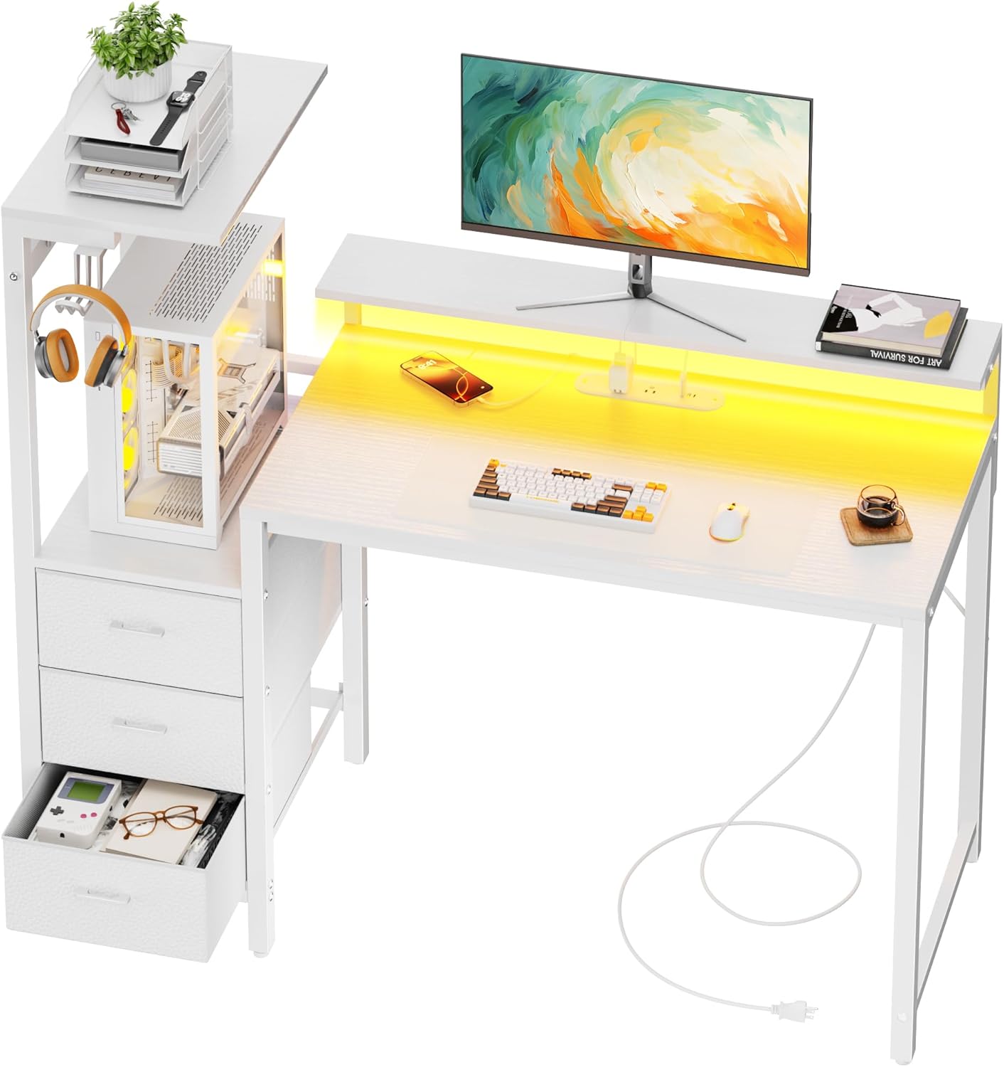 44 inch Gaming Desk with Led Lights & Outlets, Computer Desk with 3 Drawers & Shelves, Gamer Desk with Monitor Stand & Side Hooks for Game Room, Home Office
