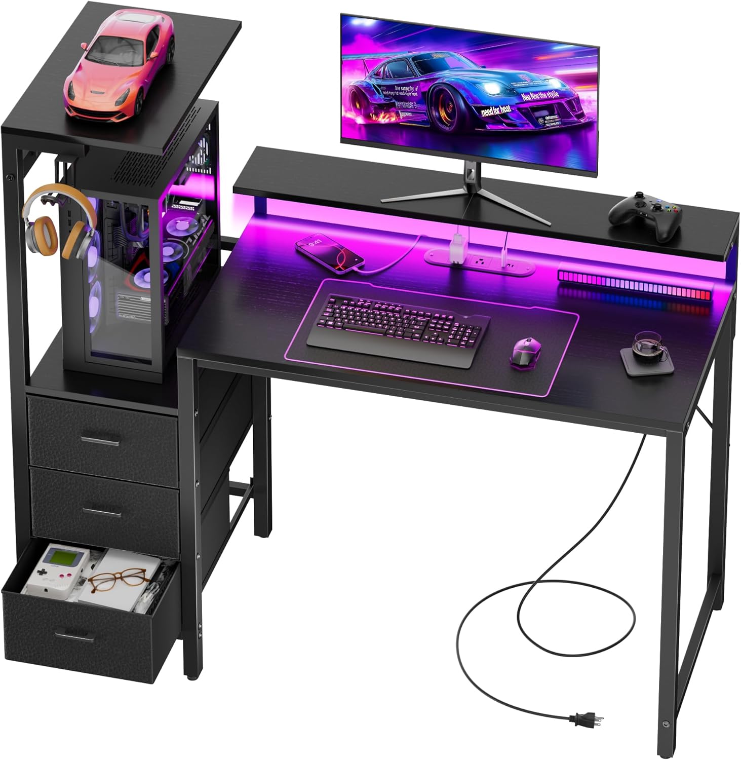 44 inch Gaming Desk with Led Lights & Outlets, Computer Desk with 3 Drawers & Shelves, Gamer Desk with Monitor Stand & Side Hooks for Game Room, Home Office