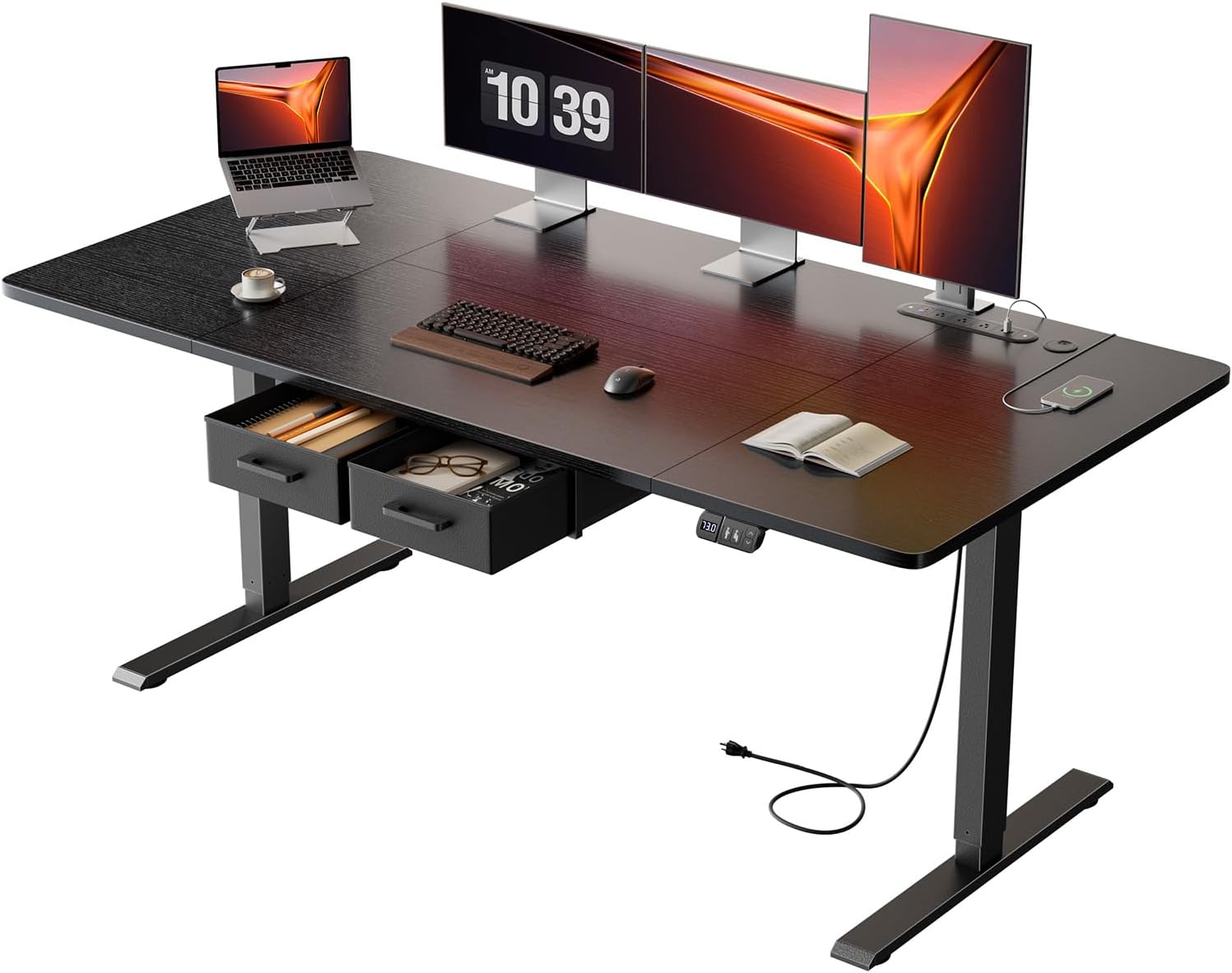 Electric Standing Desk with Drawers & Storage, Height Adjustable Desk with Power Outlets & USB Ports, Stand Up Desk, Sit Stand Desk for Home, Office