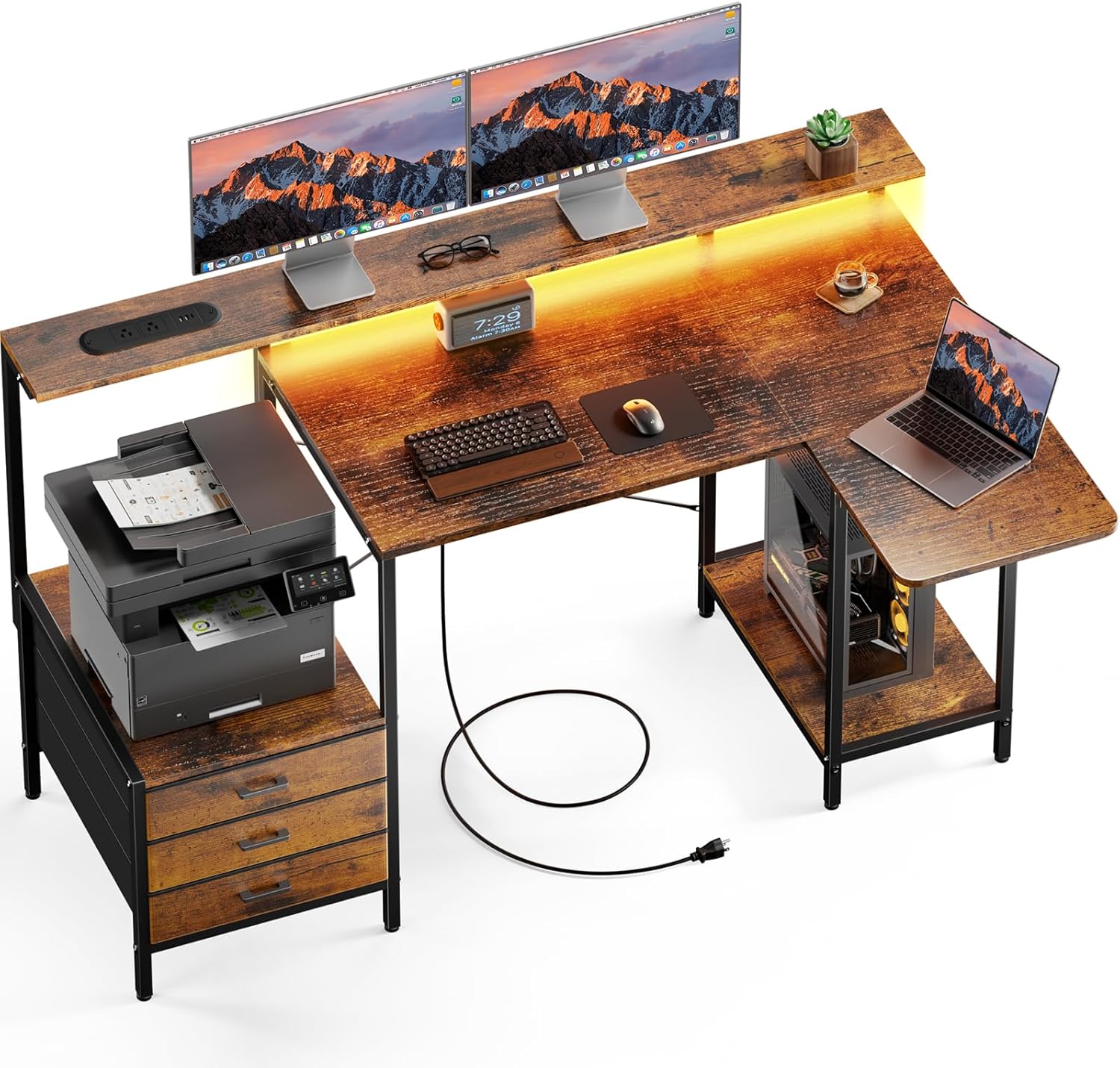 HLDIRECT 55 inch Gaming Desk with Power Outlets & LED Lights, Computer Desk with 3 drawers & Storage Shelves, Gaming Table with Monitor Stand and Foldable Tabletop