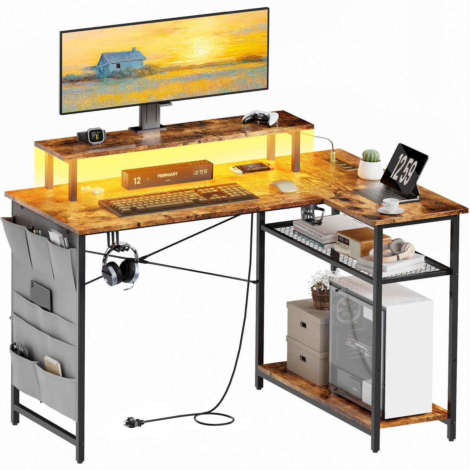 Computer Desk with Power Outlet & LED Lights, L Shaped Desk with Storage Shelves
