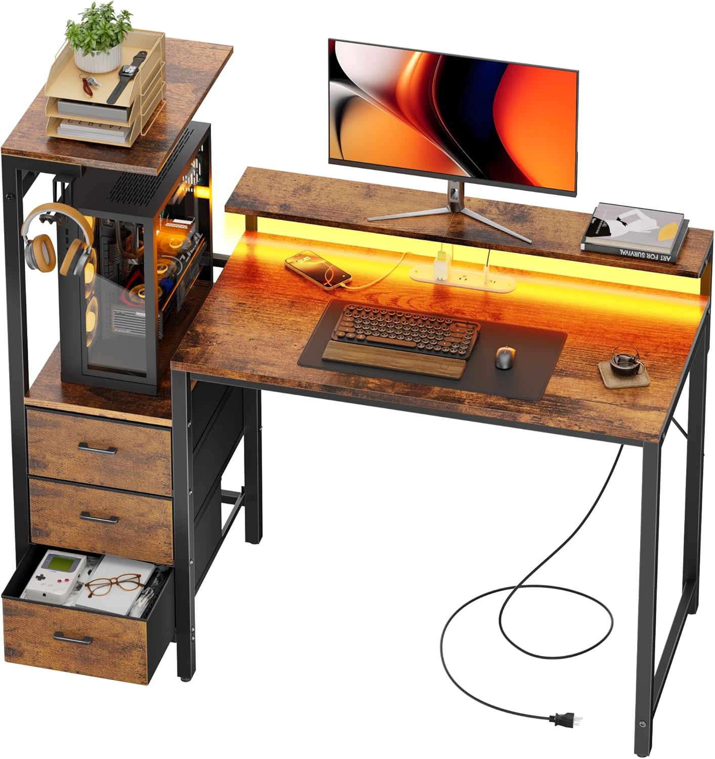 44 inch Gaming Desk with Led Lights & Outlets, Computer Desk with 3 Drawers & Shelves, Gamer Desk with Monitor Stand & Side Hooks for Game Room, Home Office