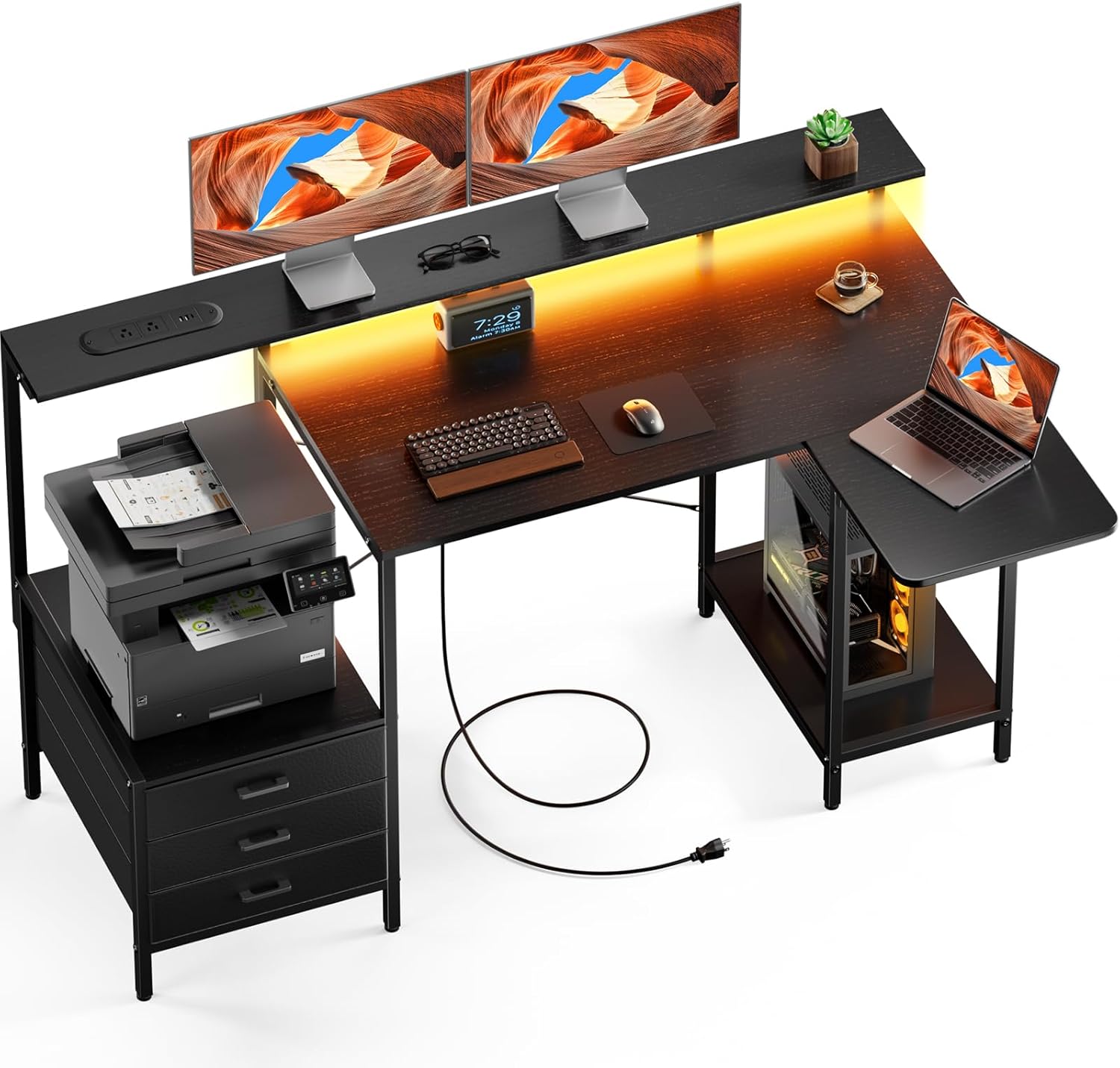 HLDIRECT 55 inch Gaming Desk with Power Outlets & LED Lights, Computer Desk with 3 drawers & Storage Shelves, Gaming Table with Monitor Stand and Foldable Tabletop