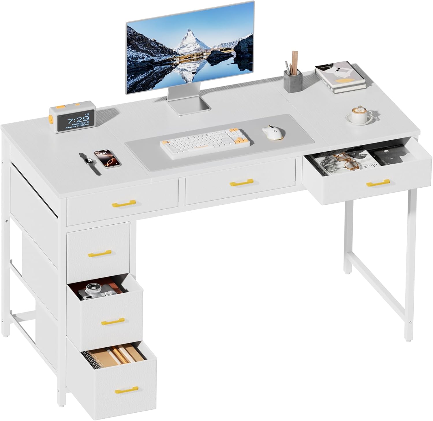 HLDIRECT 47 inch Computer Desk with 6 Drawers, Reversible Home Office Desk with Storage, Office Desk for Home Office, Writing, Study, Work, Living Room