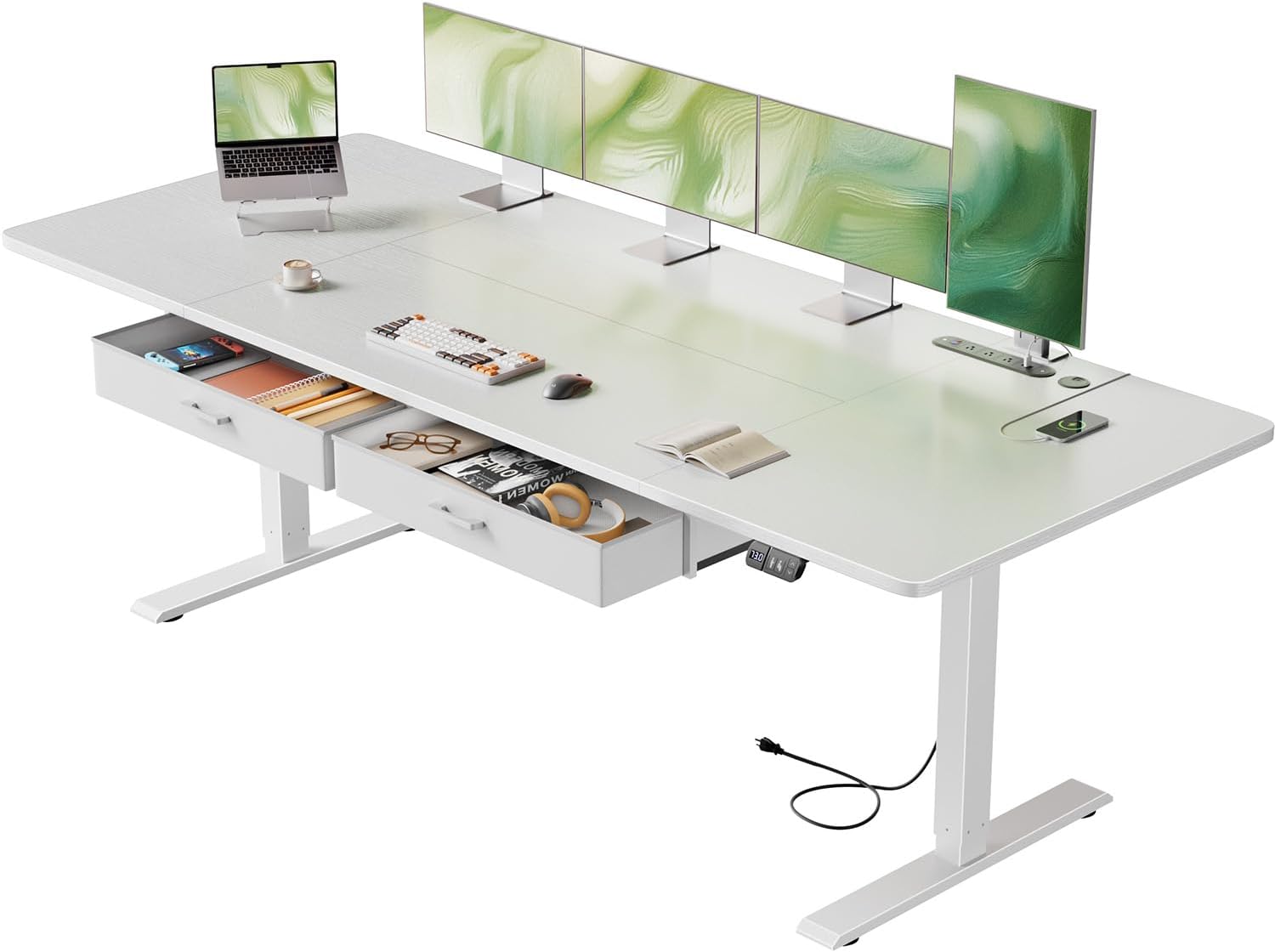 Electric Standing Desk with Drawers & Storage, Height Adjustable Desk with Power Outlets & USB Ports, Stand Up Desk, Sit Stand Desk for Home, Office