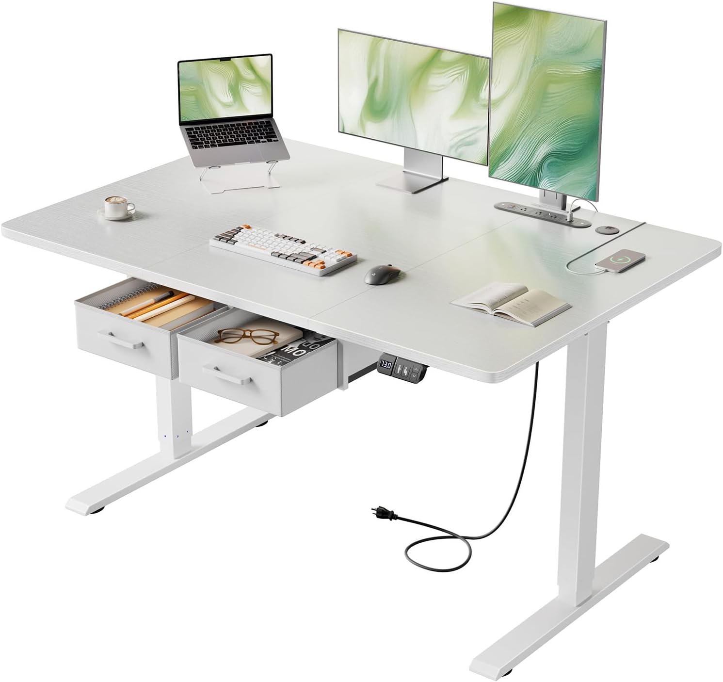 47×31.5 inches Electric Standing Desk with Drawers & Storage, Height Adjustable Desk with Power Outlets & USB Ports, Stand Up Desk, Sit Stand Desk for Home, Office