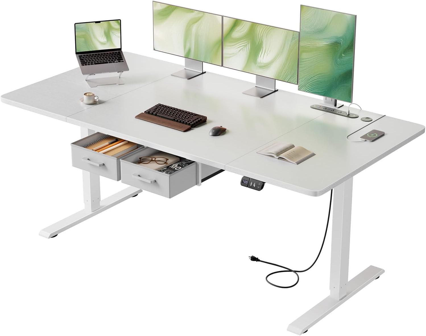 63×31.5 inches Electric Standing Desk with Drawers & Storage, Height Adjustable Desk with Power Outlets & USB Ports, Stand Up Desk, Sit Stand Desk for Home, Office