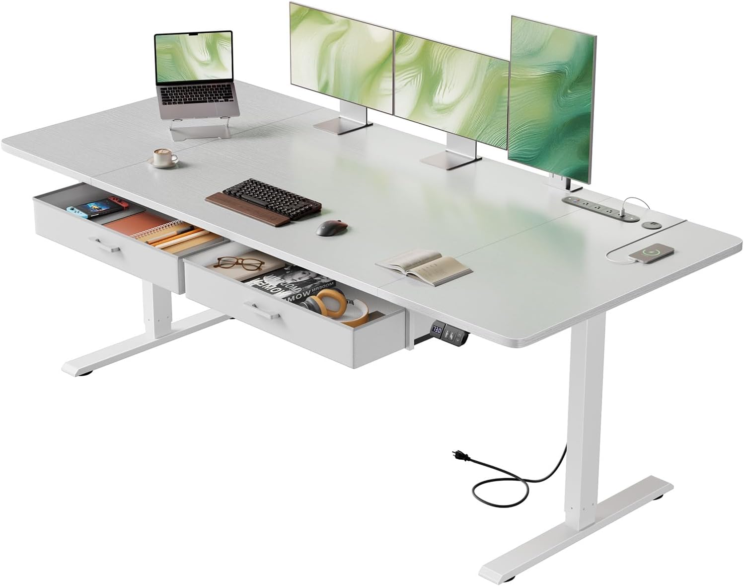 Electric Standing Desk with Drawers & Storage, Height Adjustable Desk with Power Outlets & USB Ports, Stand Up Desk, Sit Stand Desk for Home, Office