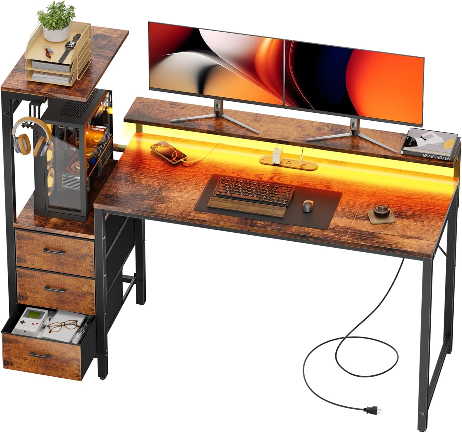 60 inch Gaming Desk with Led Lights & Outlets, Computer Desk with 3 Drawers & Shelves, Gamer Desk with Monitor Stand & Side Hooks for Game Room, Home Office