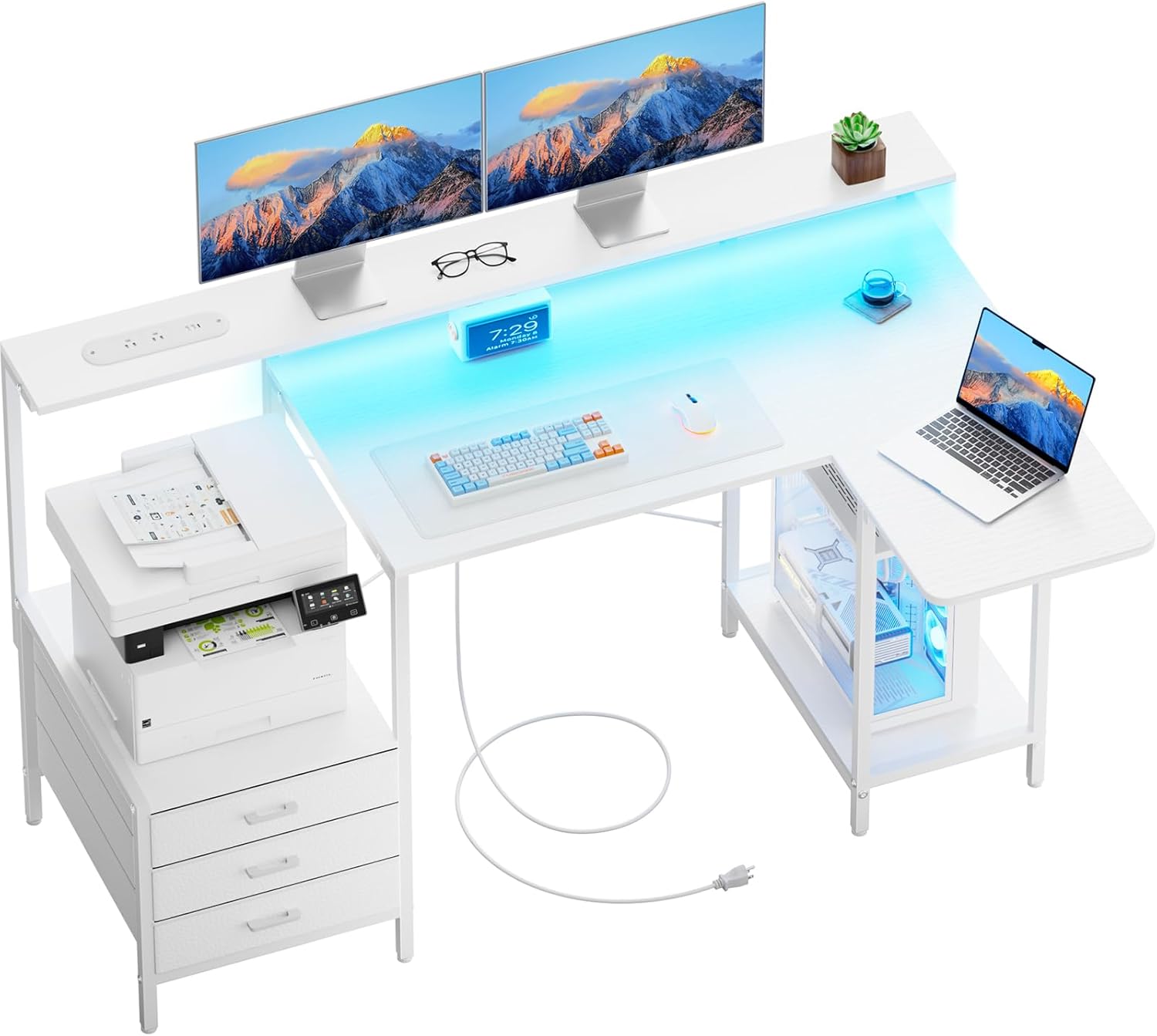 HLDIRECT 55 inch Gaming Desk with Power Outlets & LED Lights, Computer Desk with 3 drawers & Storage Shelves, Gaming Table with Monitor Stand and Foldable Tabletop