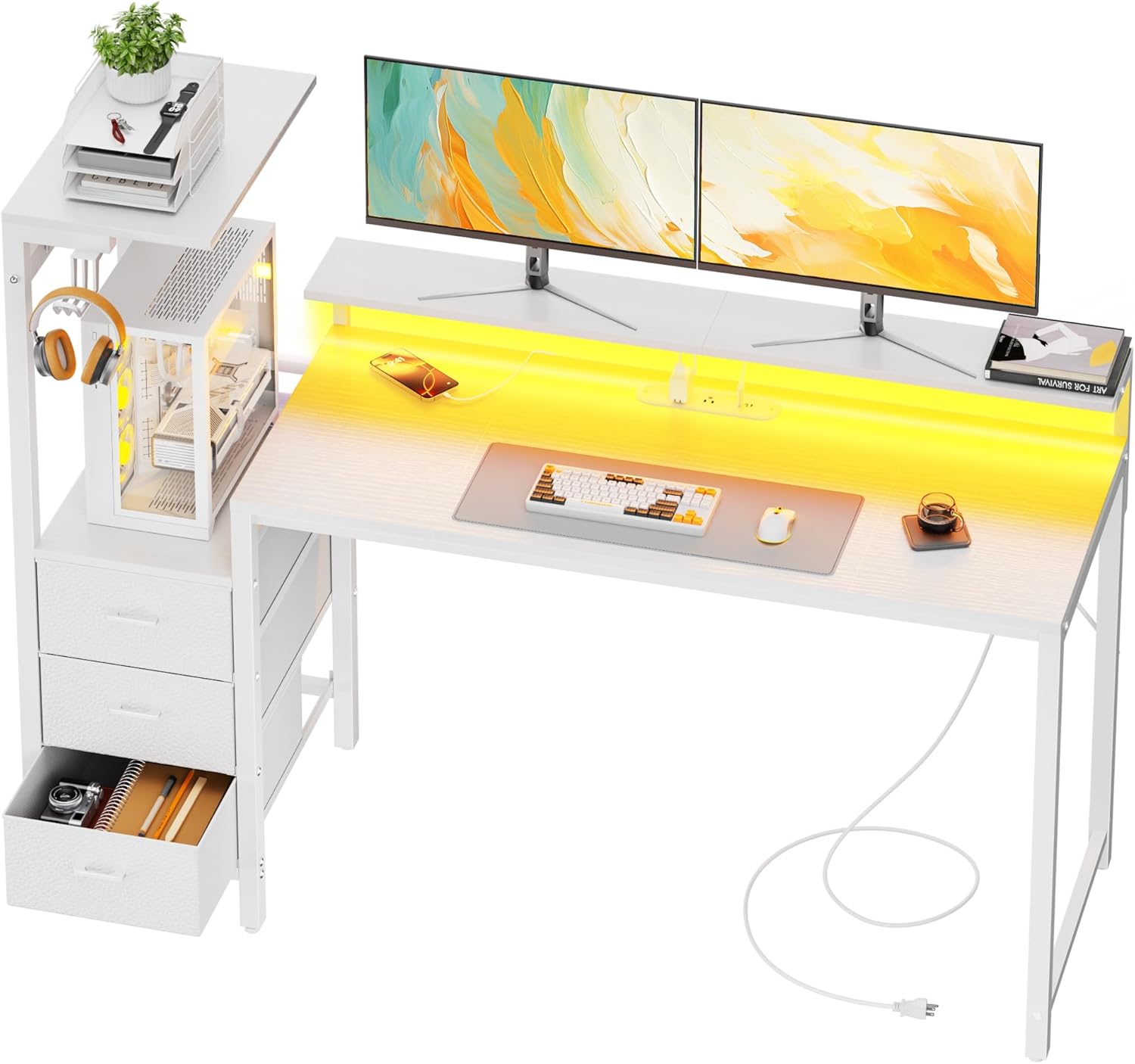 60 inch Gaming Desk with Led Lights & Outlets, Computer Desk with 3 Drawers & Shelves, Gamer Desk with Monitor Stand & Side Hooks for Game Room, Home Office