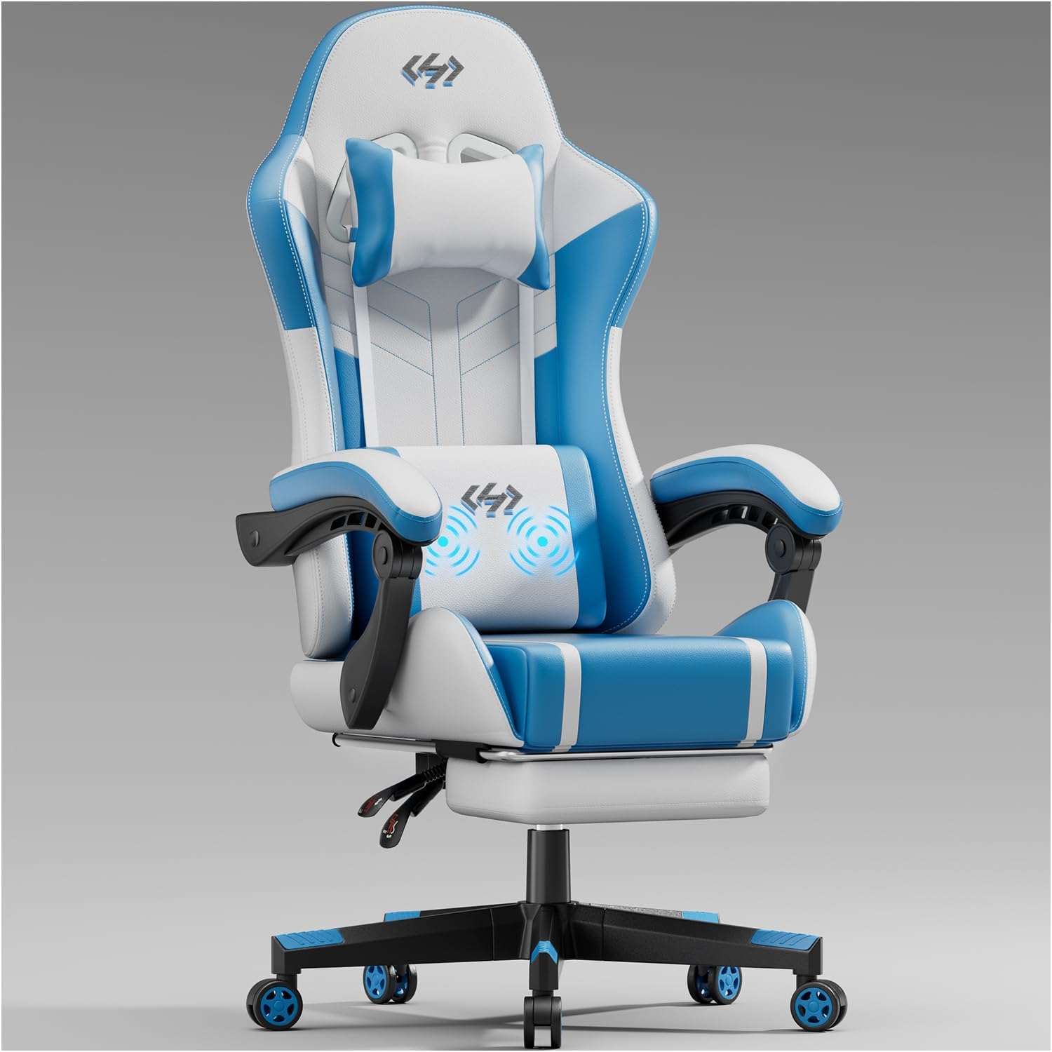 HLDIRECT Gaming Chair with Footrest, 360°Swivel Computer Office Chair, White & Blue