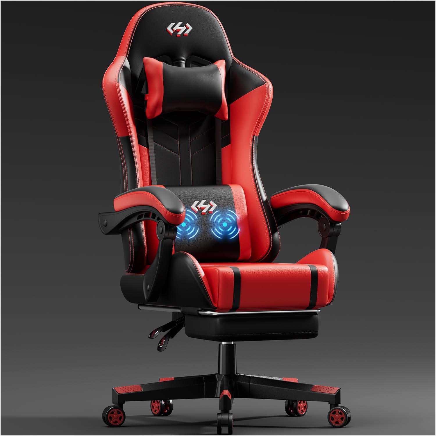 HLDIRECT Gaming Chair with Footrest, Massage Leather Game Chair, Red