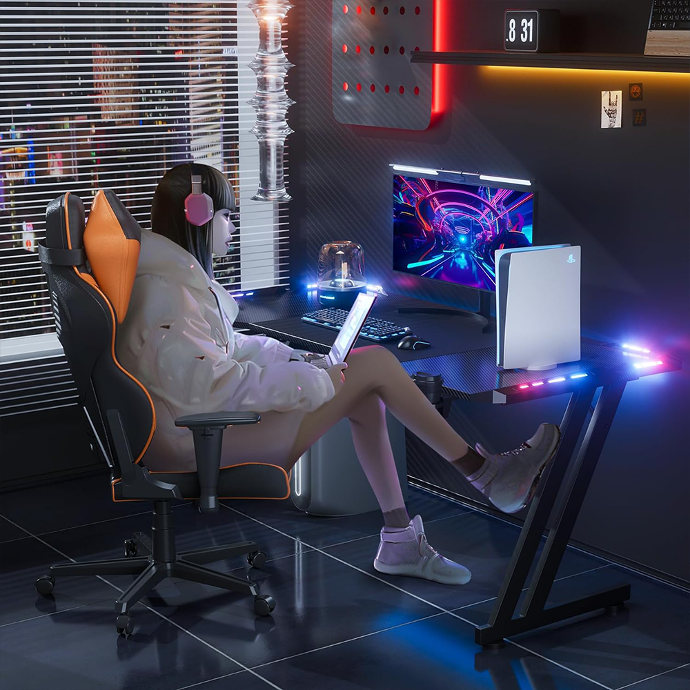 HLDIRECT 47 Inch Gaming Desk with LED Lights Z Shaped