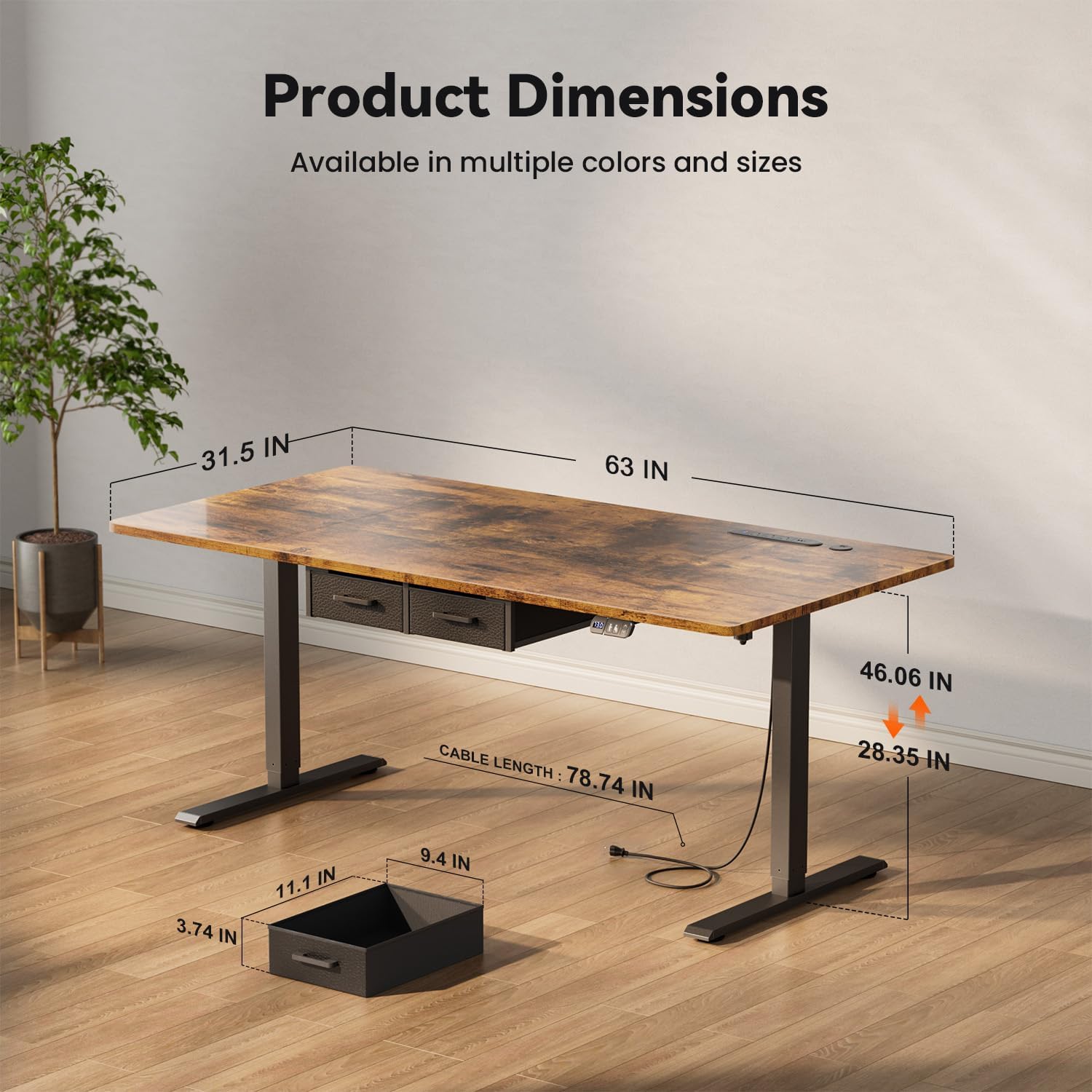 63×31.5 inches Electric Standing Desk with Drawers & Storage, Height Adjustable Desk with Power Outlets & USB Ports, Stand Up Desk, Sit Stand Desk for Home, Office