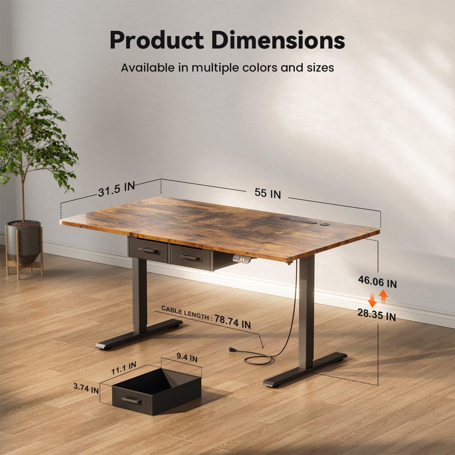 55 × 31.5 inches Electric Standing Desk with Drawers & Storage, Height Adjustable Desk with Power Outlets & USB Ports, Stand Up Desk, Sit Stand Desk for Home, Office, Rustic Brown