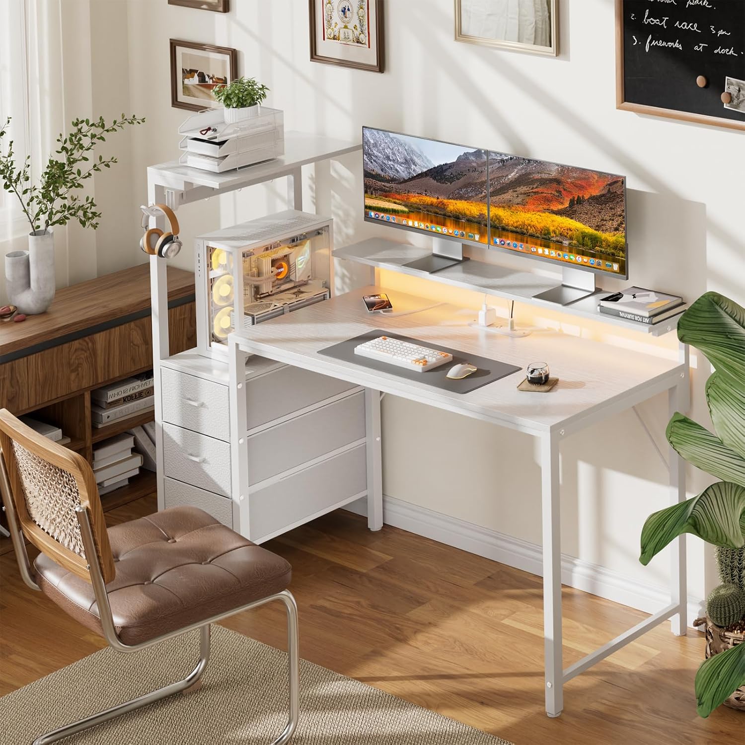 60 inch Gaming Desk with Led Lights & Outlets, Computer Desk with 3 Drawers & Shelves, Gamer Desk with Monitor Stand & Side Hooks for Game Room, Home Office