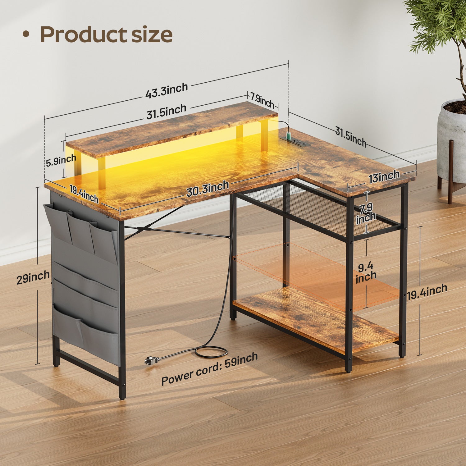 Computer Desk with Power Outlet & LED Lights, L Shaped Desk with Storage Shelves