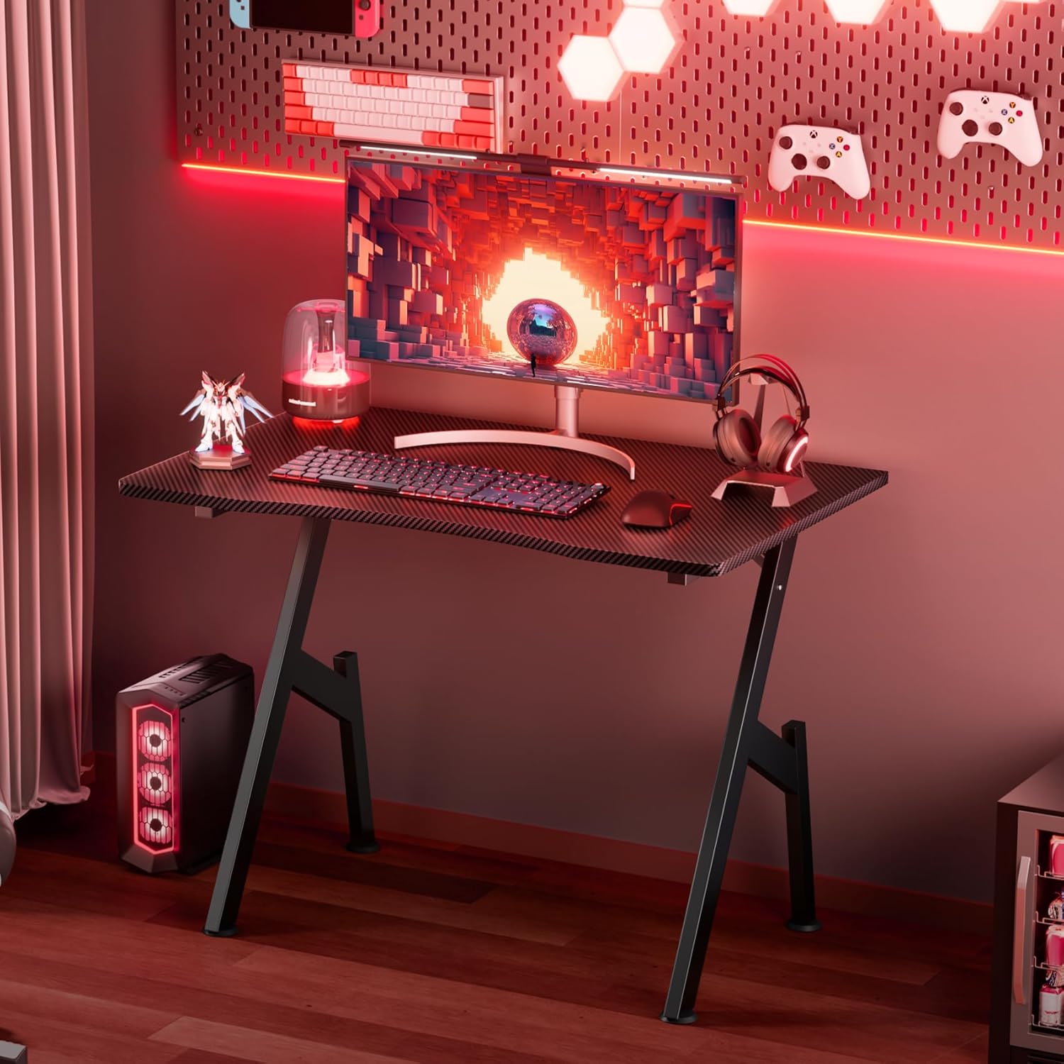 HLDIRECT 32 Inch Gaming Desk with Carbon Fibre Surface- A Shaped Gamer Desk Computer Workstation Home Office Ergonomic PC Desk Simple Gaming Table Home Office Desks