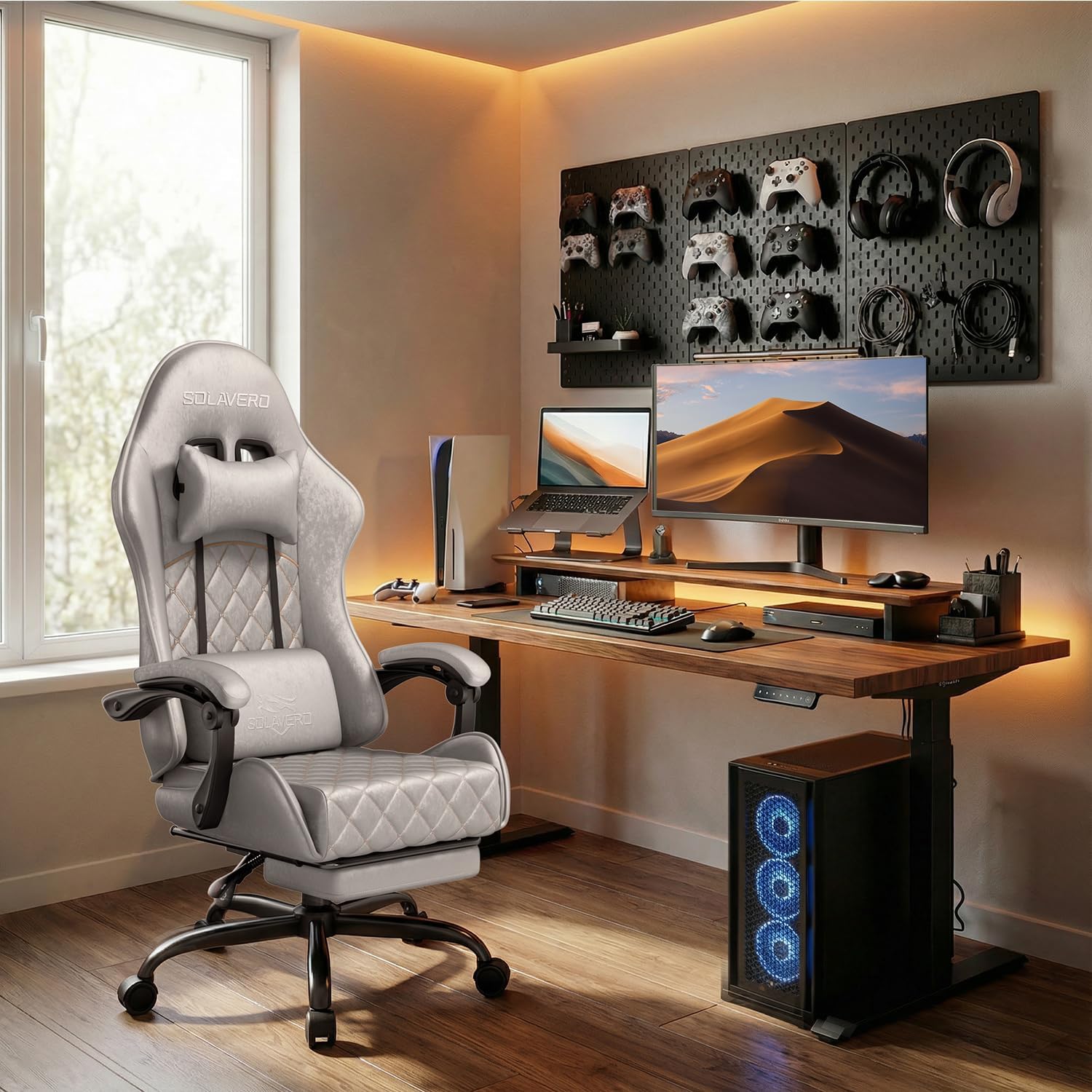 HLDIRECT Gaming Chair, Ergonomic Fabric Gamer Chair, Video Game Chair with Footrest and Massage Lumbar Cushion, Computer Office Chair