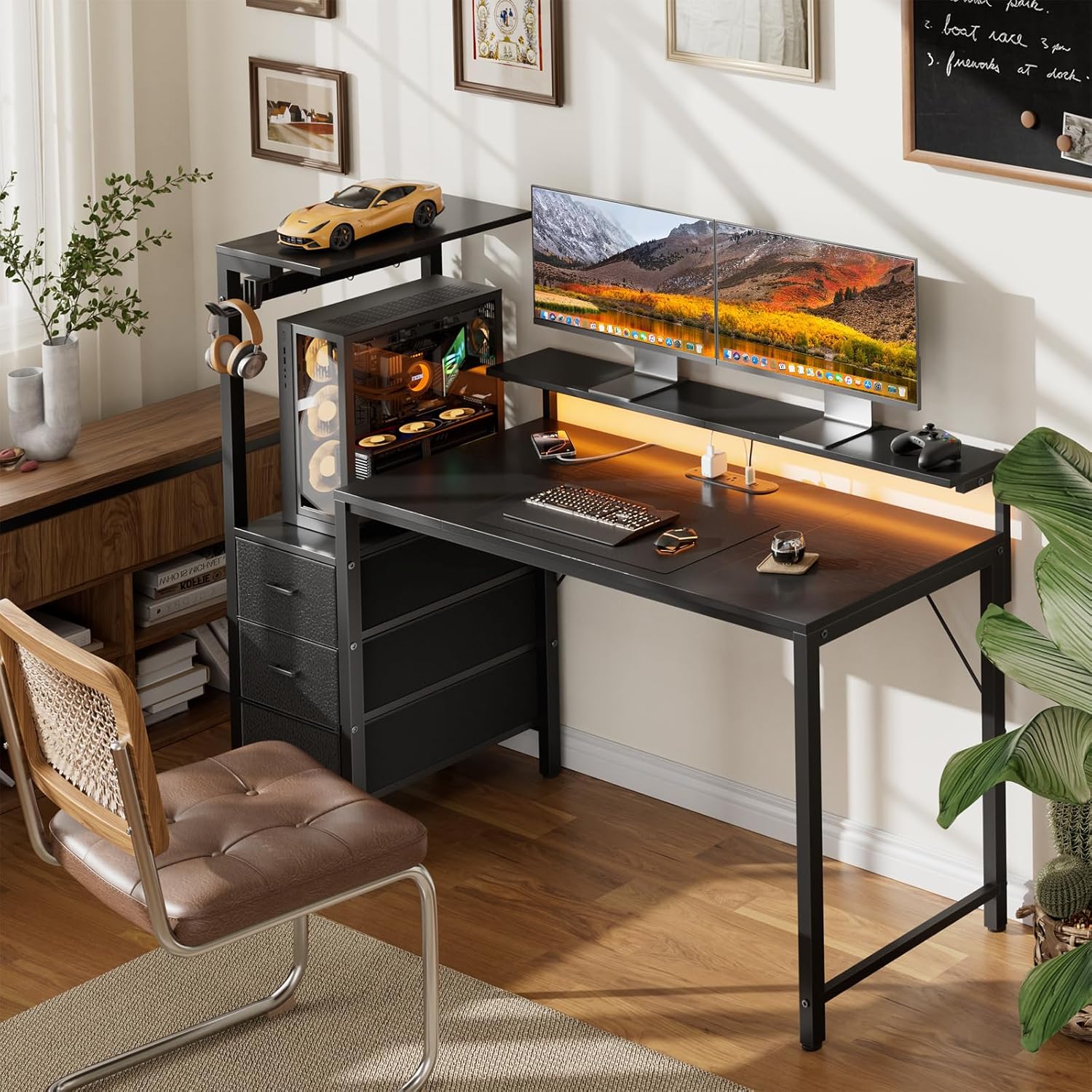 60 inch Gaming Desk with Led Lights & Outlets, Computer Desk with 3 Drawers & Shelves, Gamer Desk with Monitor Stand & Side Hooks for Game Room, Home Office
