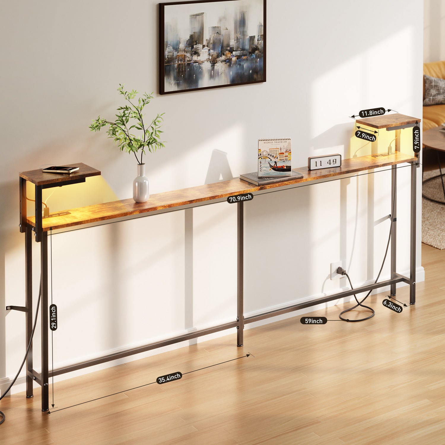 71 Inch Narrow Console Table with Outlet, Behind Couch Table with Double Storage Shelves, Narrow Long Sofa Table with LED Light for Living Room