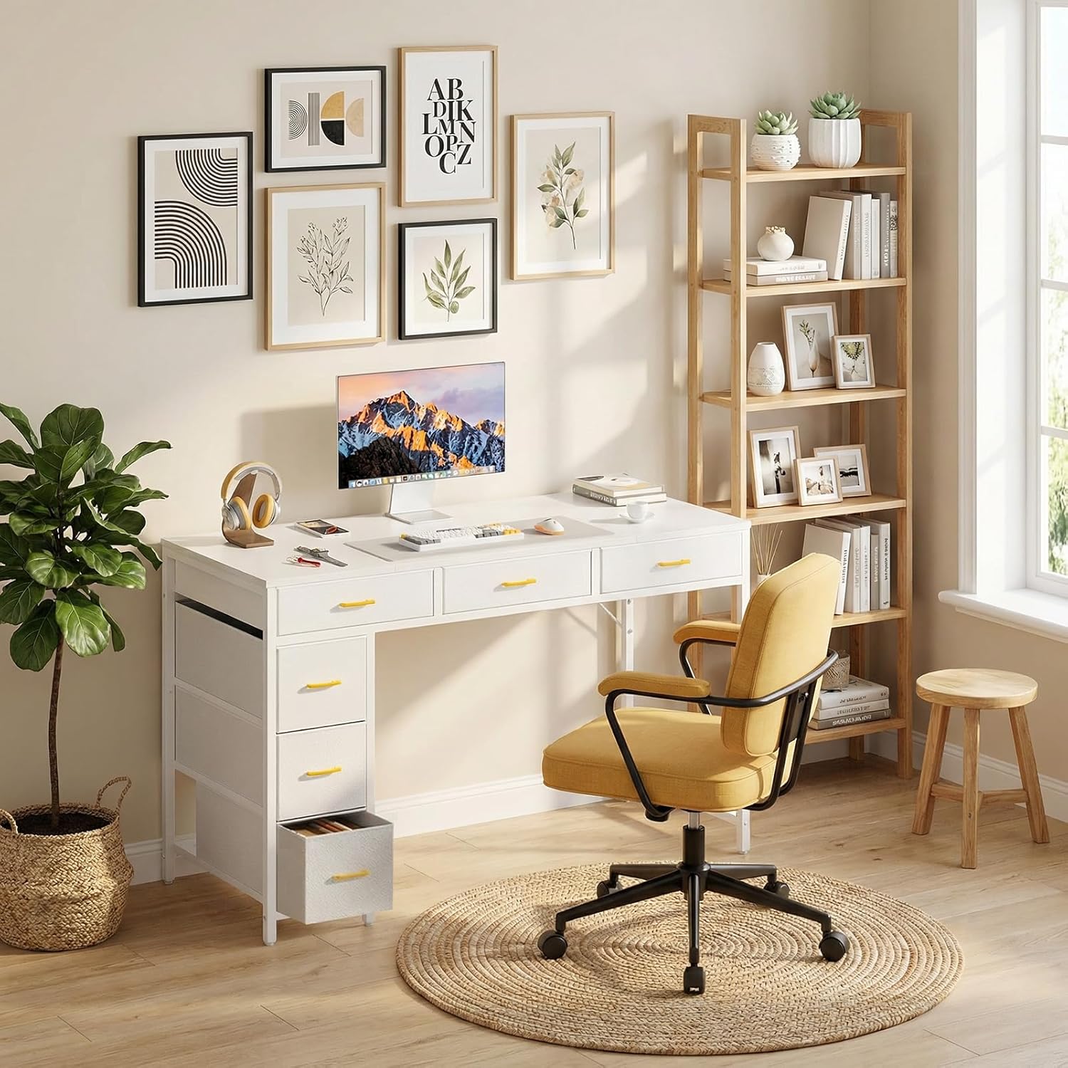 HLDIRECT 47 inch Computer Desk with 6 Drawers, Reversible Home Office Desk with Storage, Office Desk for Home Office, Writing, Study, Work, Living Room