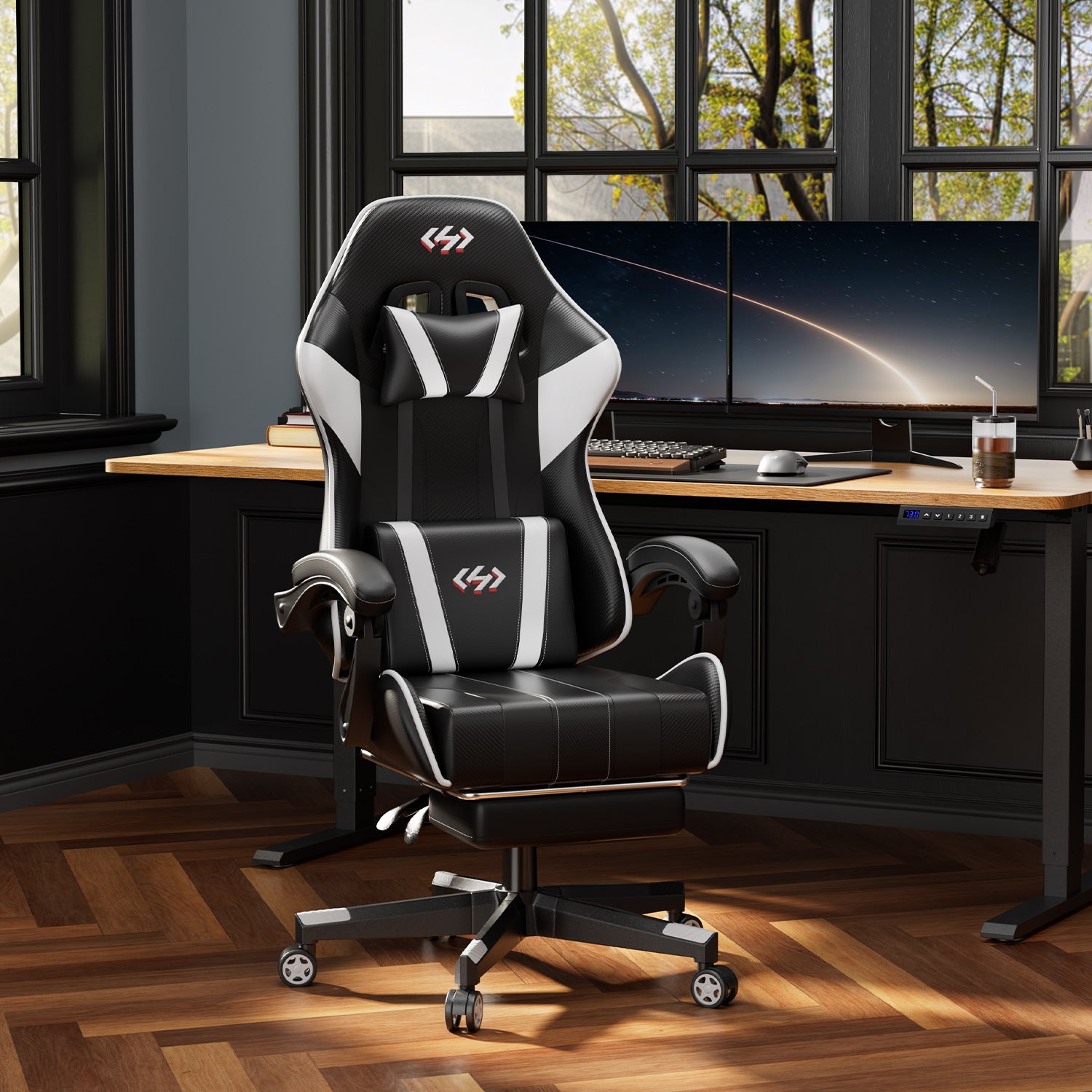 Gaming Chair with Pocket Spring Cushion, Video Game Chair, Gaming Computer Chair, Ergonomic Chairs with Headrest and Lumbar Support for Adults, Swivel PU Leather Office Chair, White & Black