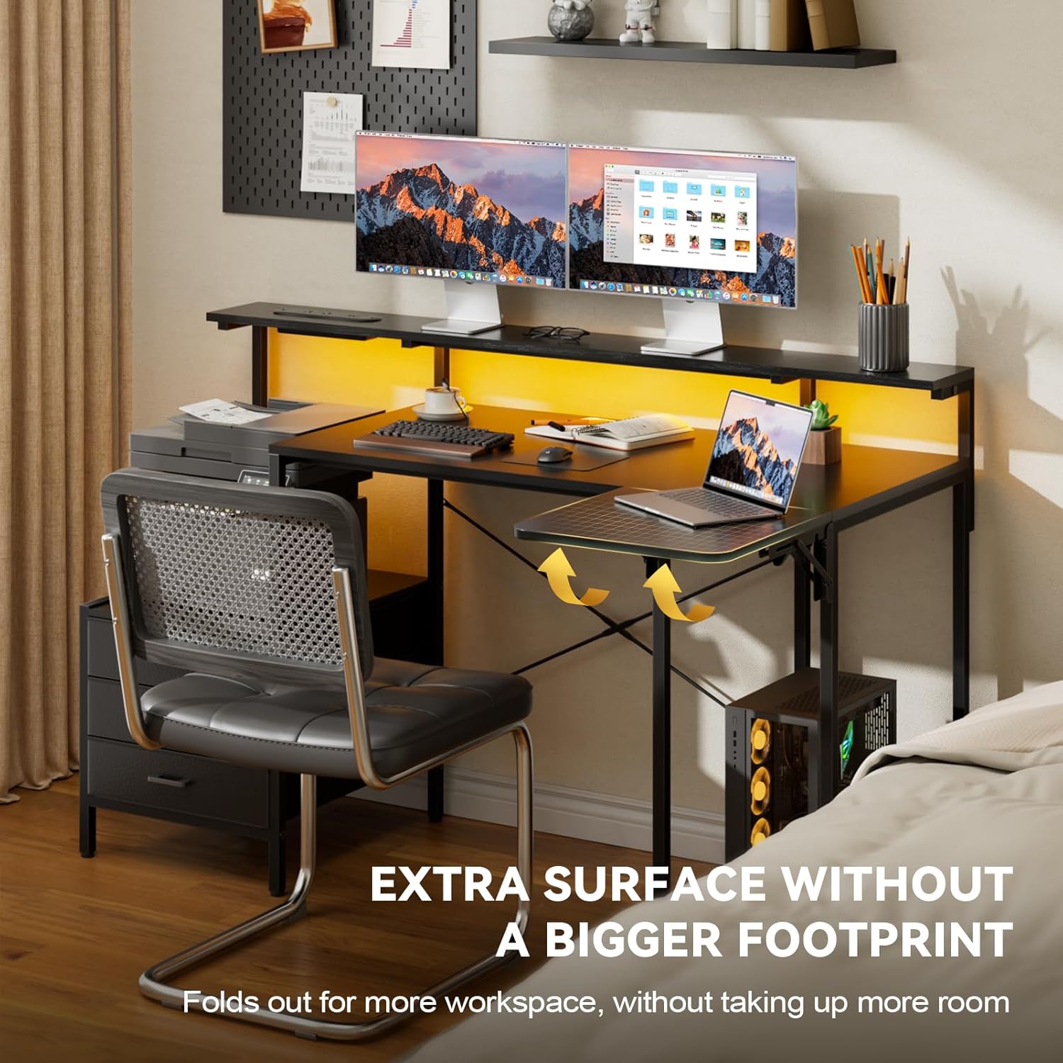 HLDIRECT 55 inch Gaming Desk with Power Outlets & LED Lights, Computer Desk with 3 drawers & Storage Shelves, Gaming Table with Monitor Stand and Foldable Tabletop