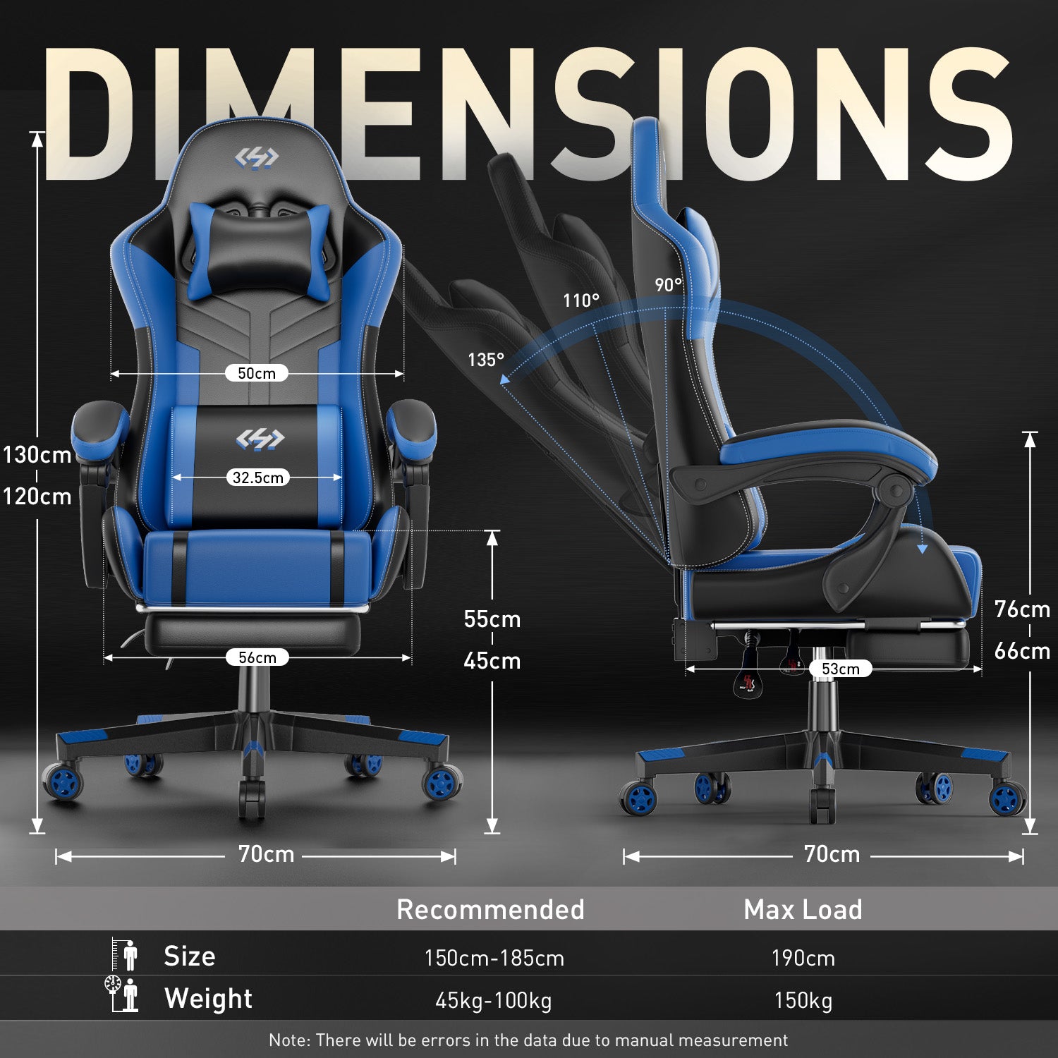 HLDIRECT Gaming Chair with Pocket Spring Cushion, Video Game Chair, Ergonomic Computer Chair for Adults, Black & Blue