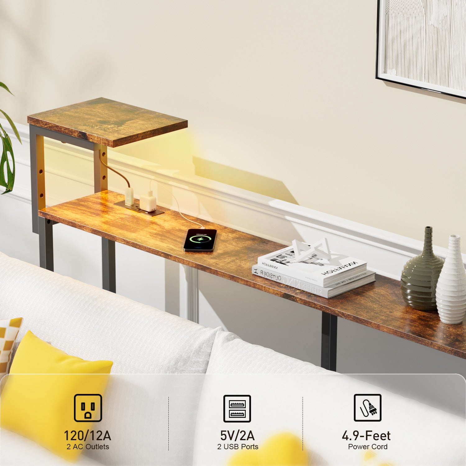 71 Inch Narrow Console Table with Outlet, Behind Couch Table with Double Storage Shelves, Narrow Long Sofa Table with LED Light for Living Room