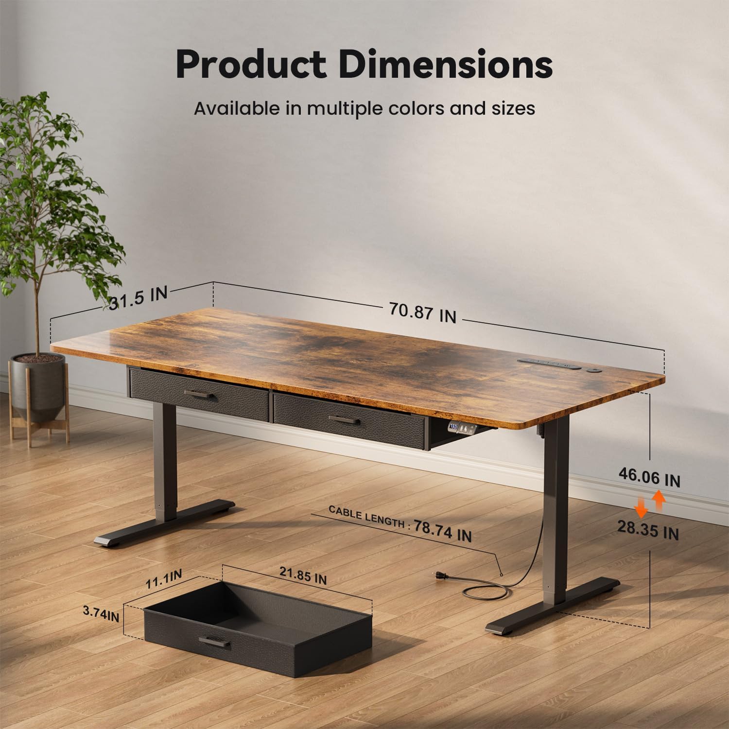 71×31.5 inches Electric Standing Desk with Drawers & Storage, Height Adjustable Desk with Power Outlets & USB Ports, Stand Up Desk, Sit Stand Desk for Home, Office