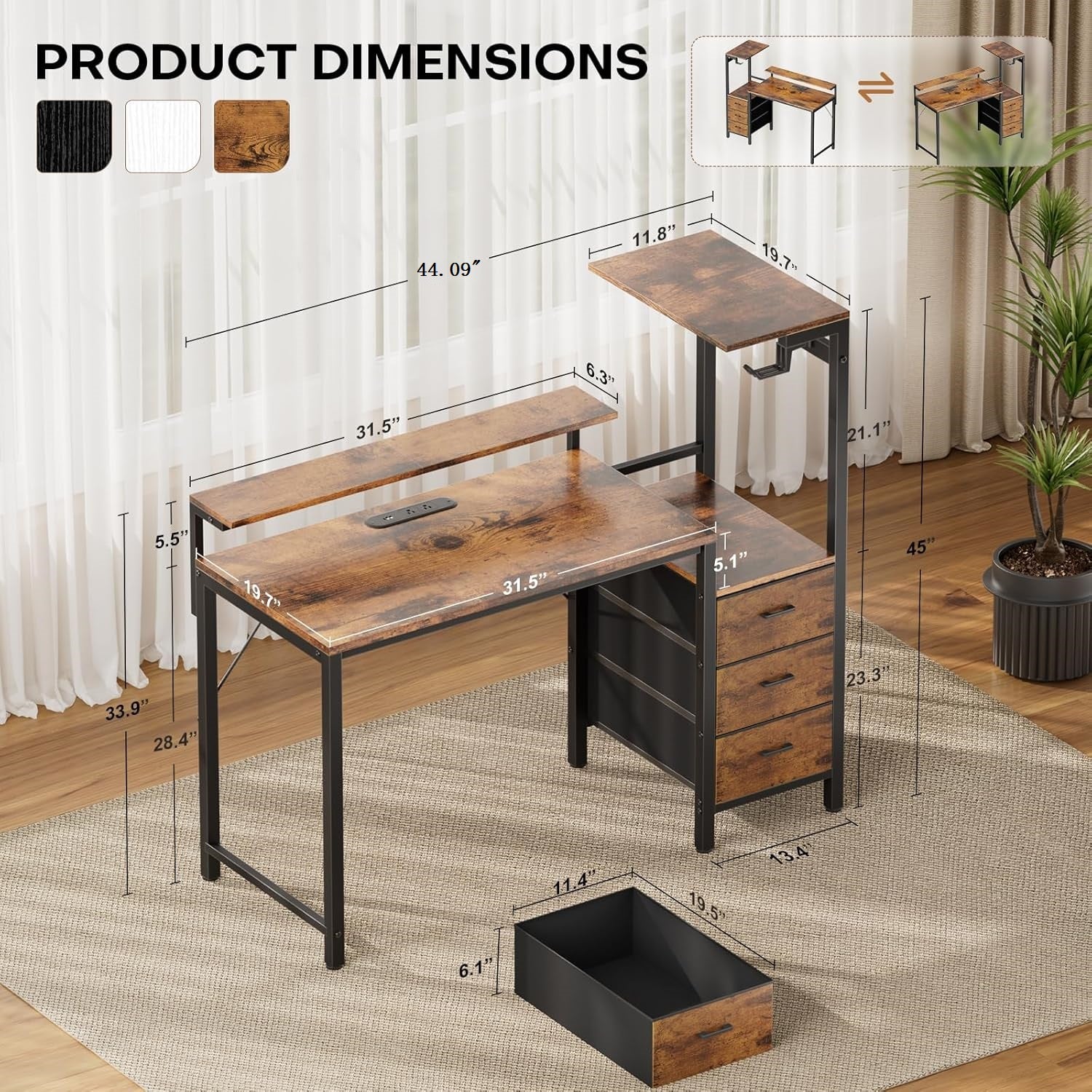 44 inch Gaming Desk with Led Lights & Outlets, Computer Desk with 3 Drawers & Shelves, Gamer Desk with Monitor Stand & Side Hooks for Game Room, Home Office