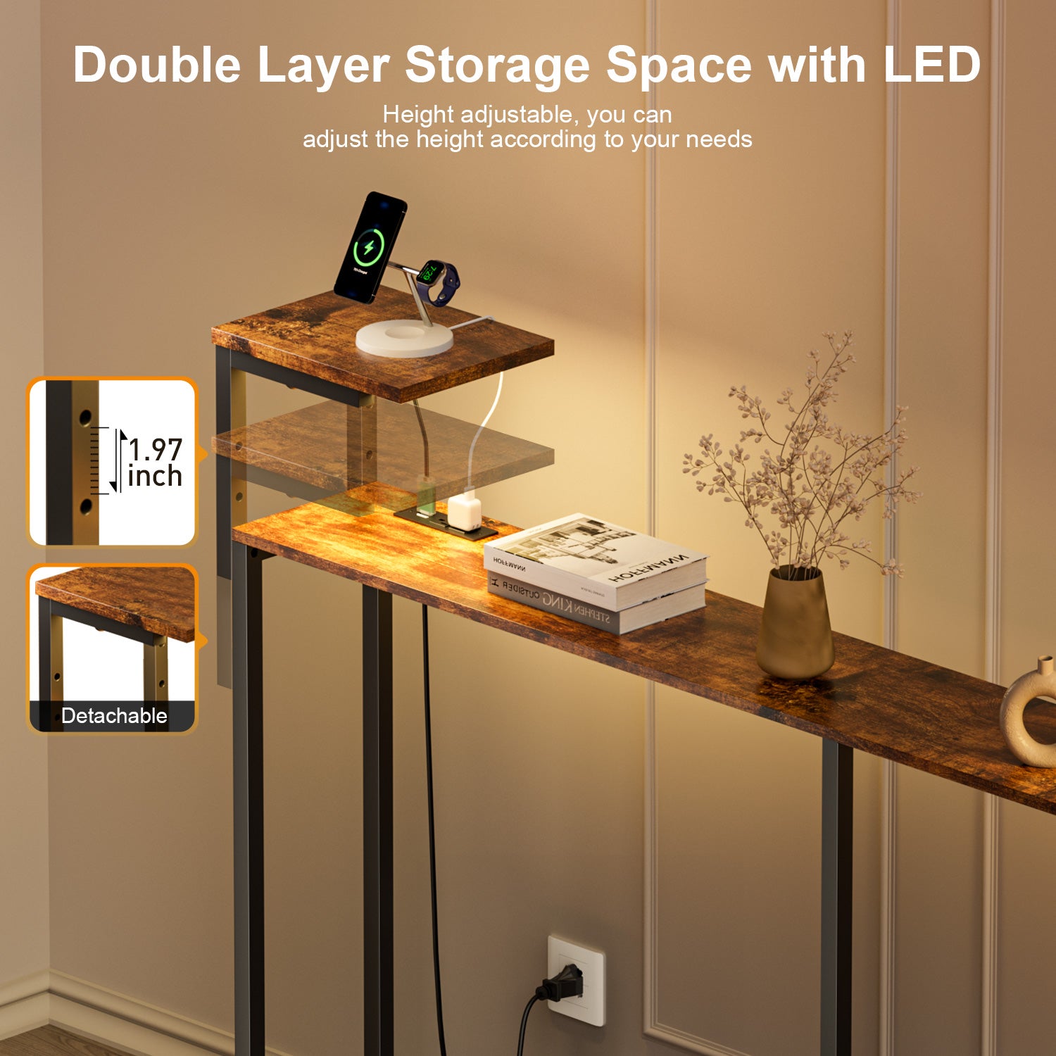 71 Inch Narrow Console Table with Outlet, Behind Couch Table with Double Storage Shelves, Narrow Long Sofa Table with LED Light for Living Room