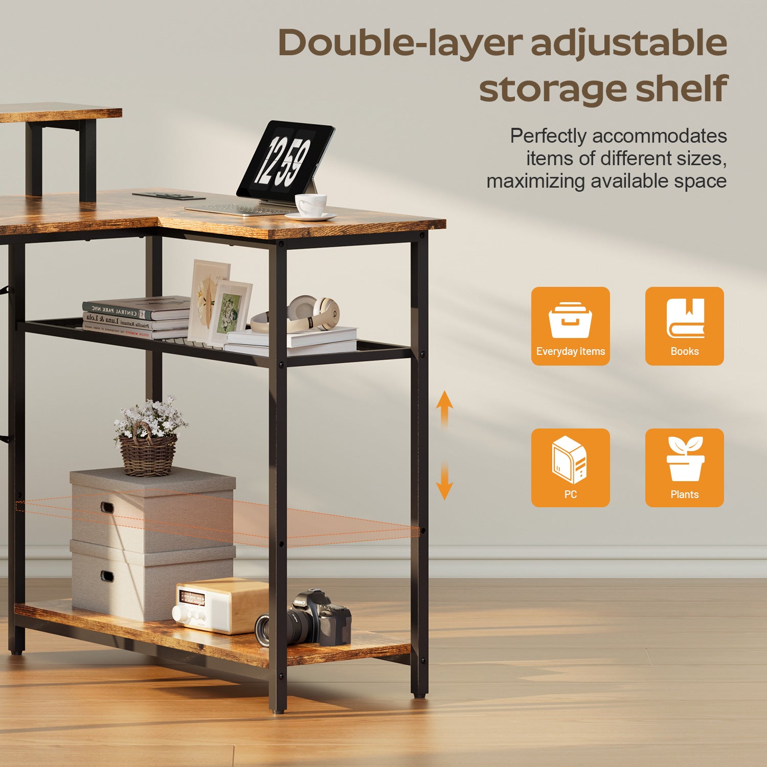 Computer Desk with Power Outlet & LED Lights, L Shaped Desk with Storage Shelves