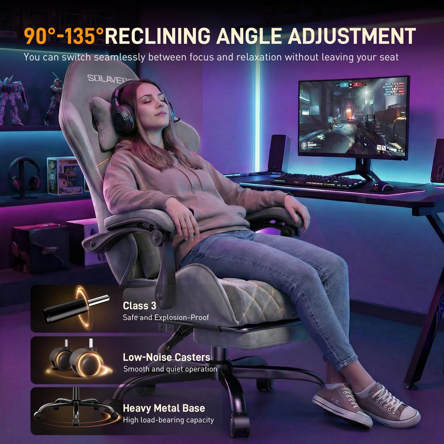 HLDIRECT Gaming Chair, Ergonomic Fabric Gamer Chair, Video Game Chair with Footrest and Massage Lumbar Cushion, Computer Office Chair