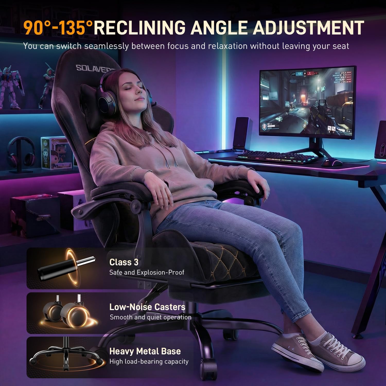 HLDIRECT Gaming Chair, Ergonomic Fabric Gamer Chair, Video Game Chair with Footrest and Massage Lumbar Cushion, Computer Office Chair