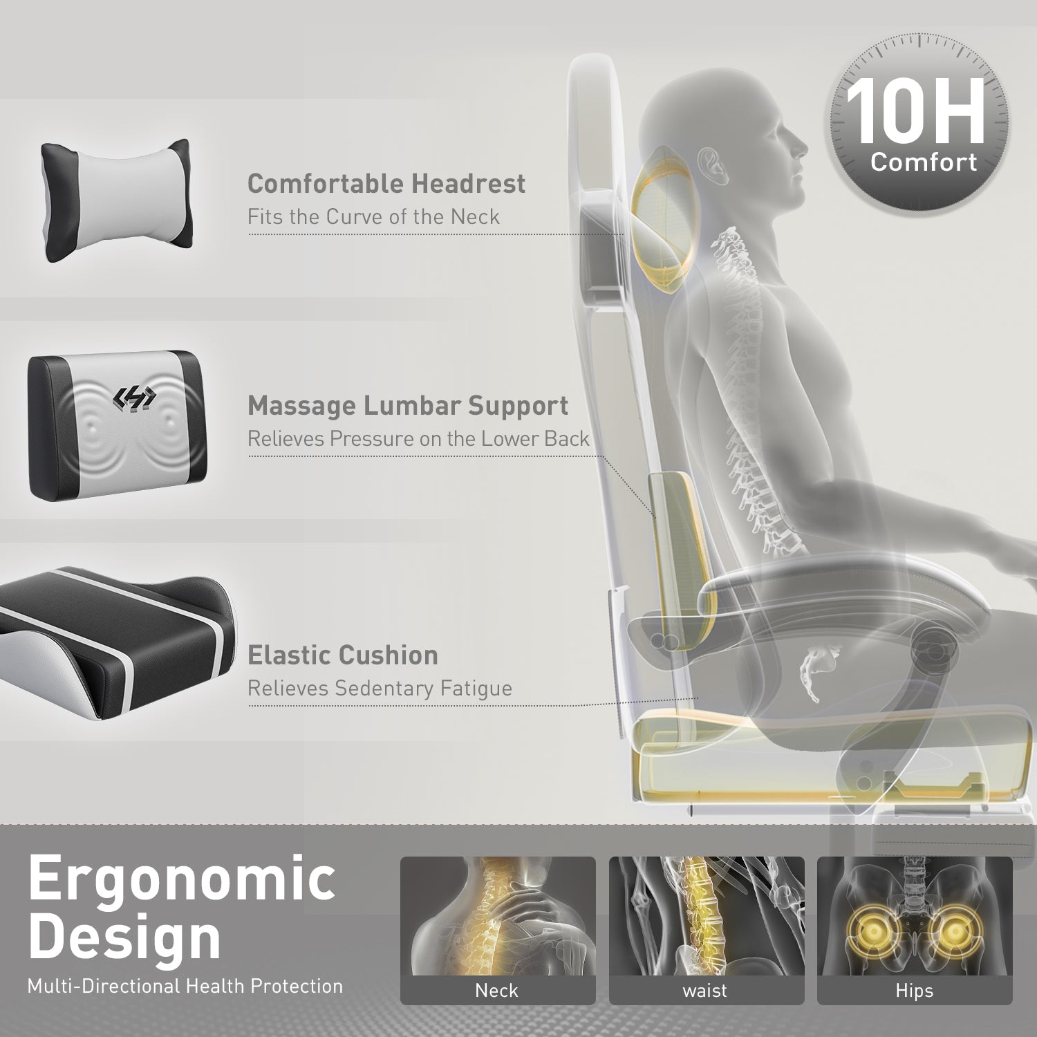 HLDIRECT Gaming Chair with Pocket Spring Cushion, Video Game Chair, Gaming Computer Chair, Ergonomic Chairs for Adults with Headrest and Lumbar Support, Swivel PU Leather Office Chair, White