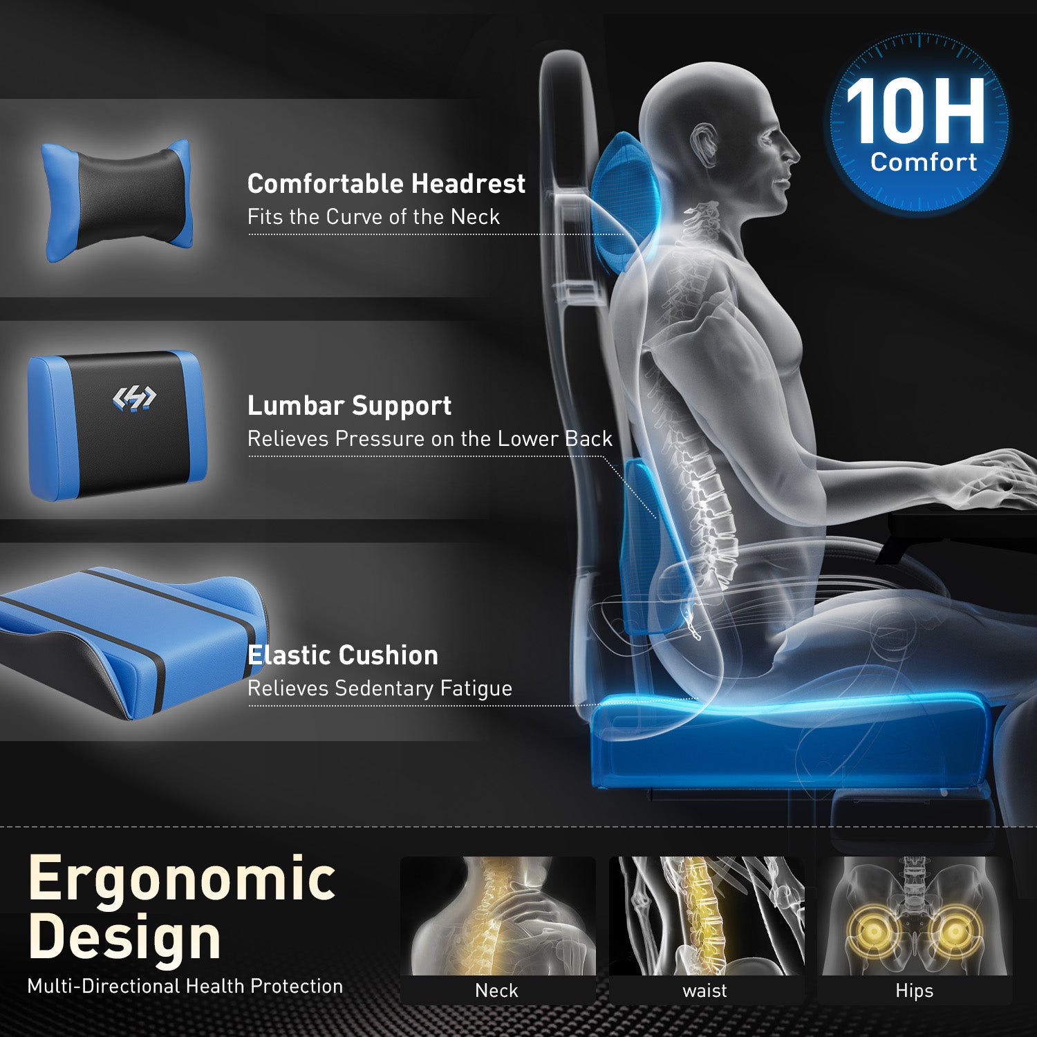 HLDIRECT Gaming Chair with Pocket Spring Cushion, Video Game Chair, Ergonomic Computer Chair for Adults, Black & Blue
