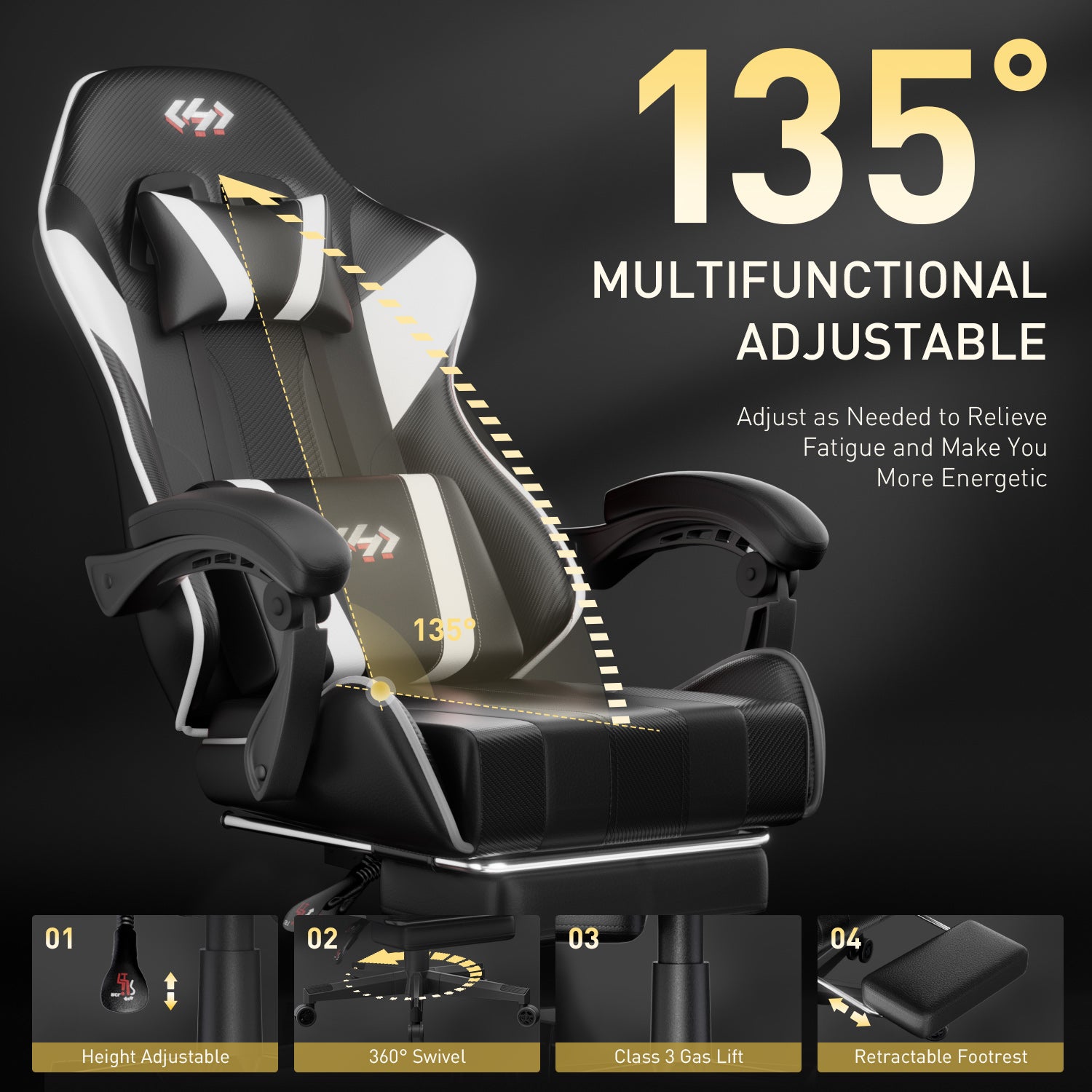 Gaming Chair with Pocket Spring Cushion, Video Game Chair, Gaming Computer Chair, Ergonomic Chairs with Headrest and Lumbar Support for Adults, Swivel PU Leather Office Chair, White & Black