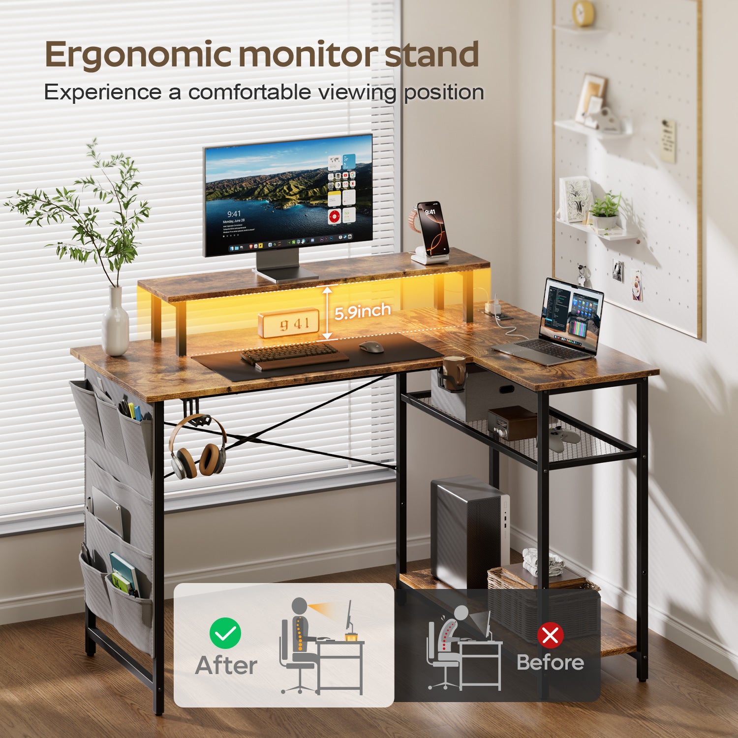 Computer Desk with Power Outlet & LED Lights, L Shaped Desk with Storage Shelves
