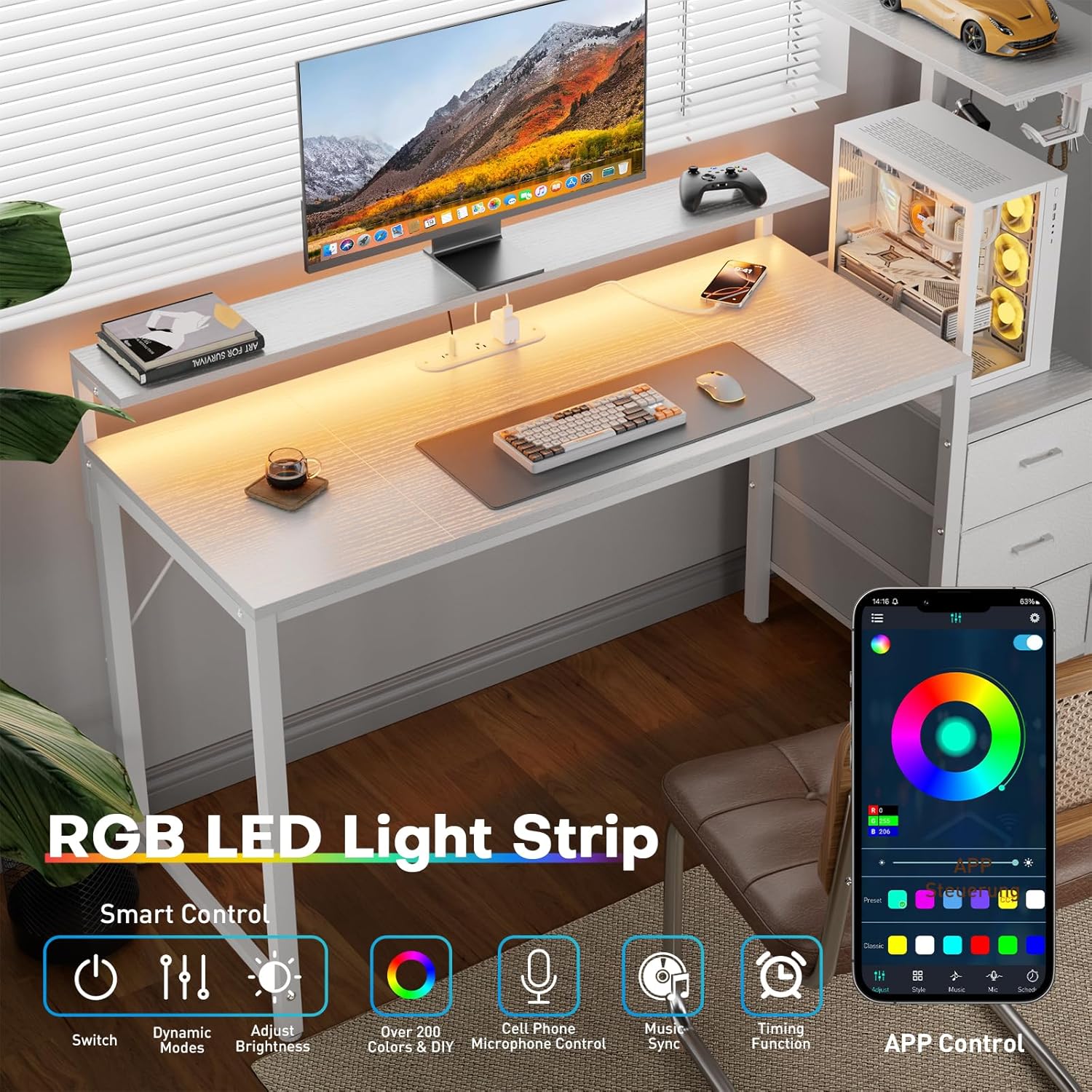 44 inch Gaming Desk with Led Lights & Outlets, Computer Desk with 3 Drawers & Shelves, Gamer Desk with Monitor Stand & Side Hooks for Game Room, Home Office