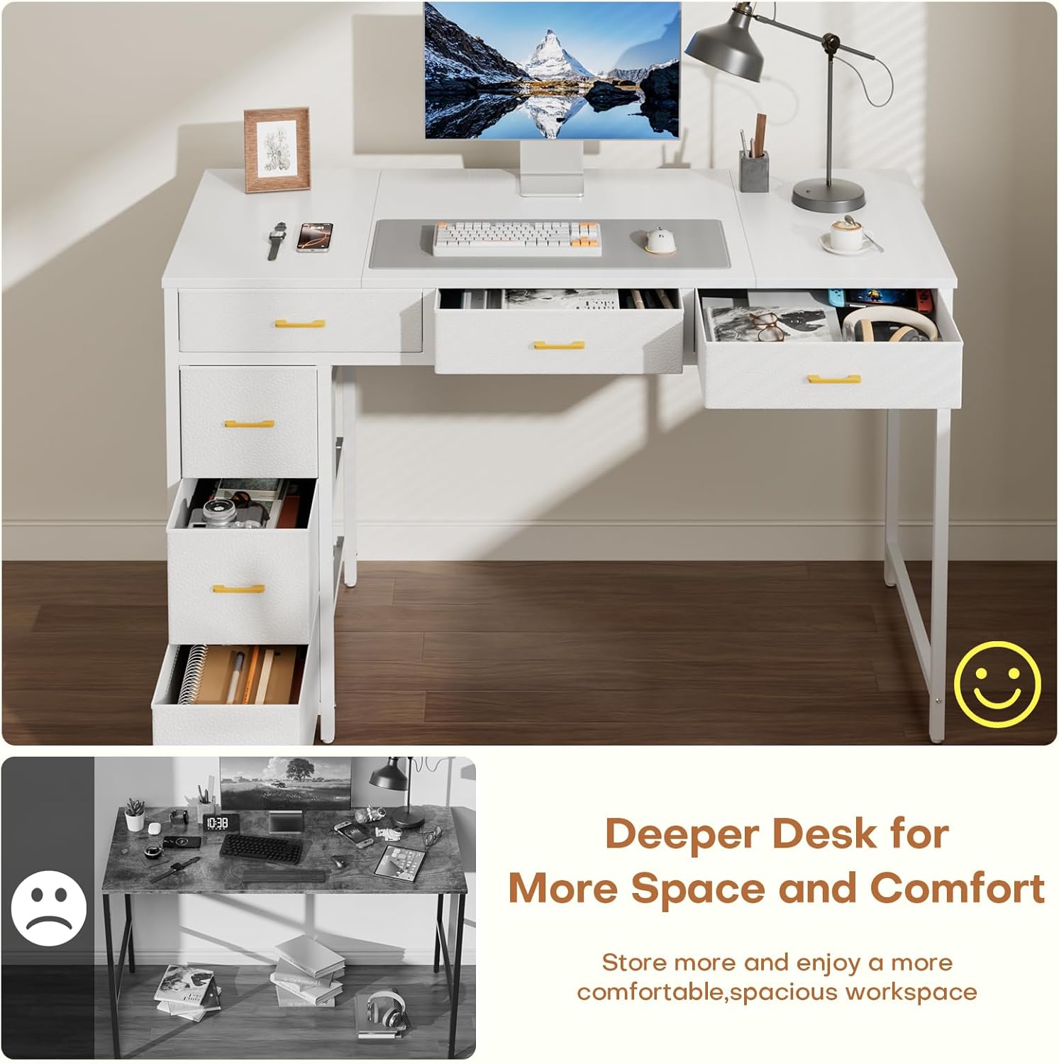 HLDIRECT 47 inch Computer Desk with 6 Drawers, Reversible Home Office Desk with Storage, Office Desk for Home Office, Writing, Study, Work, Living Room
