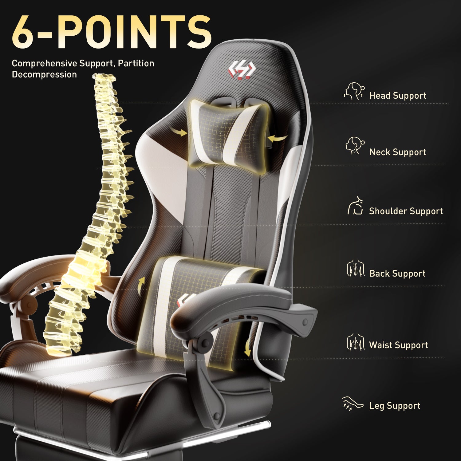 Gaming Chair with Pocket Spring Cushion, Video Game Chair, Gaming Computer Chair, Ergonomic Chairs with Headrest and Lumbar Support for Adults, Swivel PU Leather Office Chair, White & Black