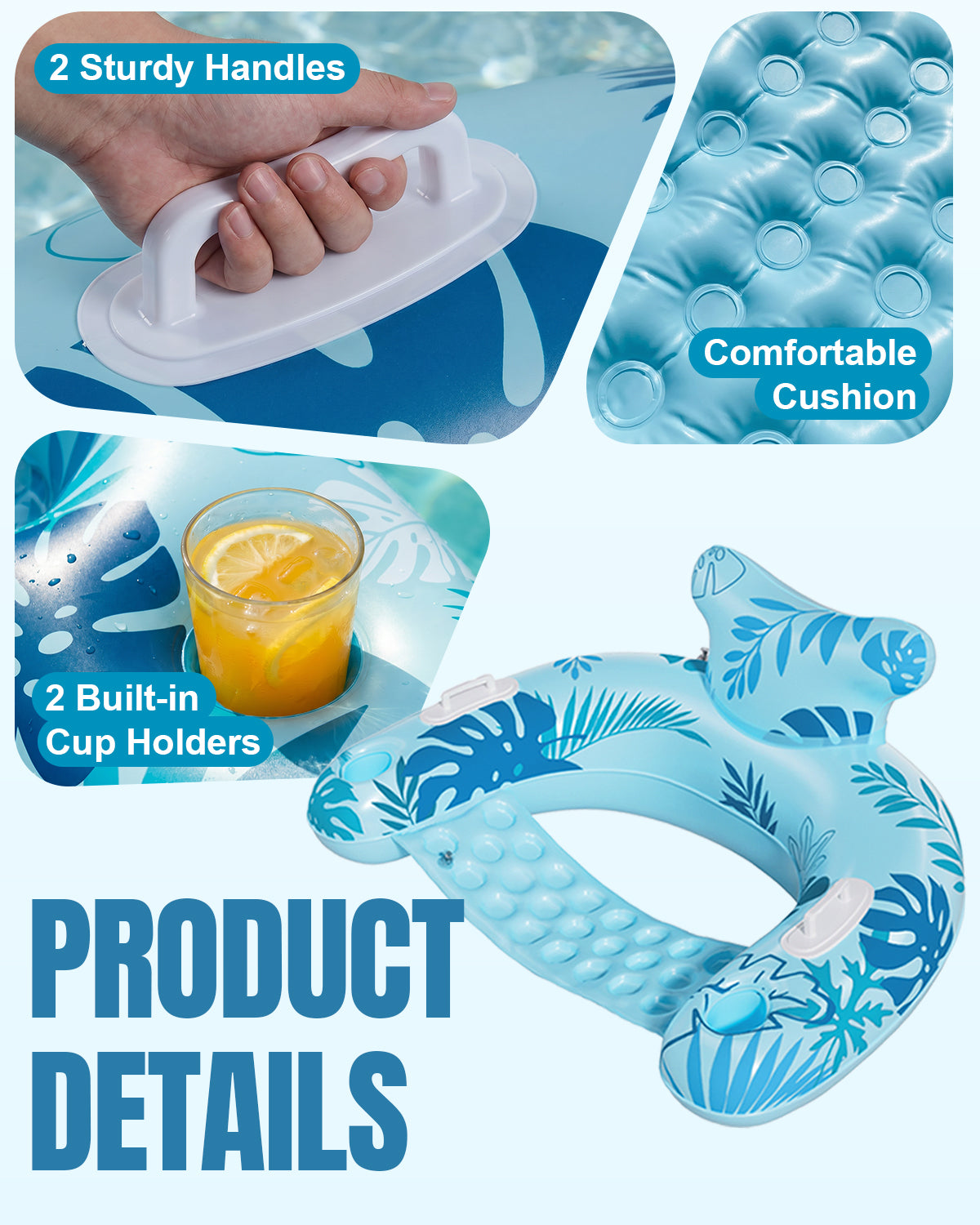 HLDIRECT Floating Pool Lounger with Cup Holders & Ergonomic Headrest | Inflatable Water Chair for Pool Parties, Lake, Ocean, with Handles for Easy Carry