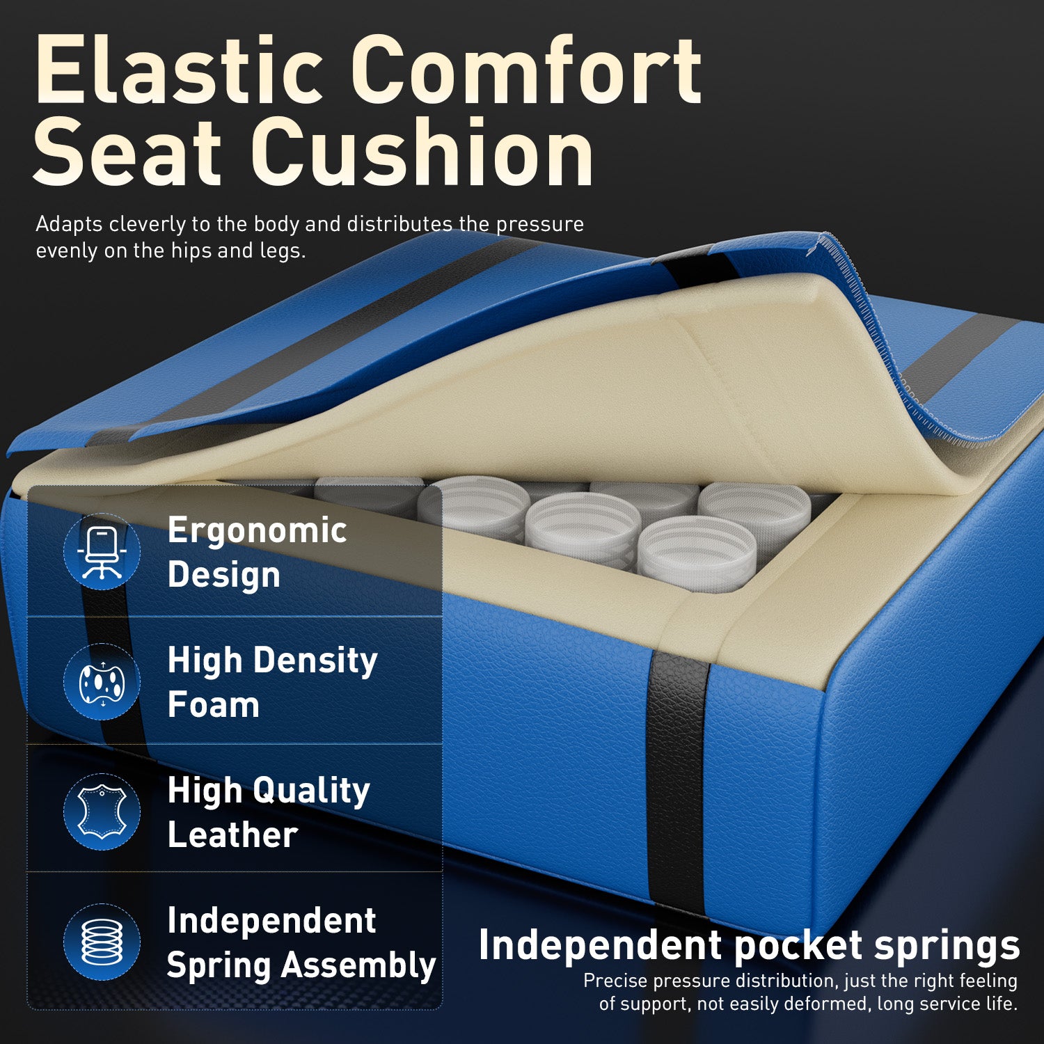HLDIRECT Gaming Chair with Pocket Spring Cushion, Video Game Chair, Ergonomic Computer Chair for Adults, Black & Blue