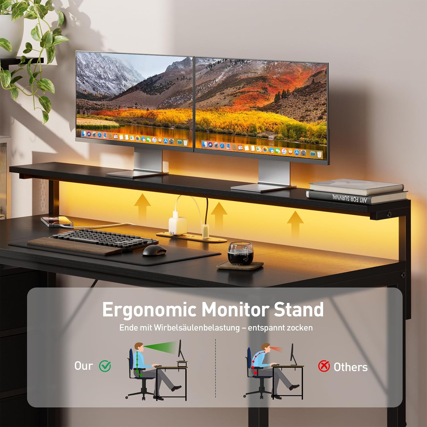 60 inch Gaming Desk with Led Lights & Outlets, Computer Desk with 3 Drawers & Shelves, Gamer Desk with Monitor Stand & Side Hooks for Game Room, Home Office